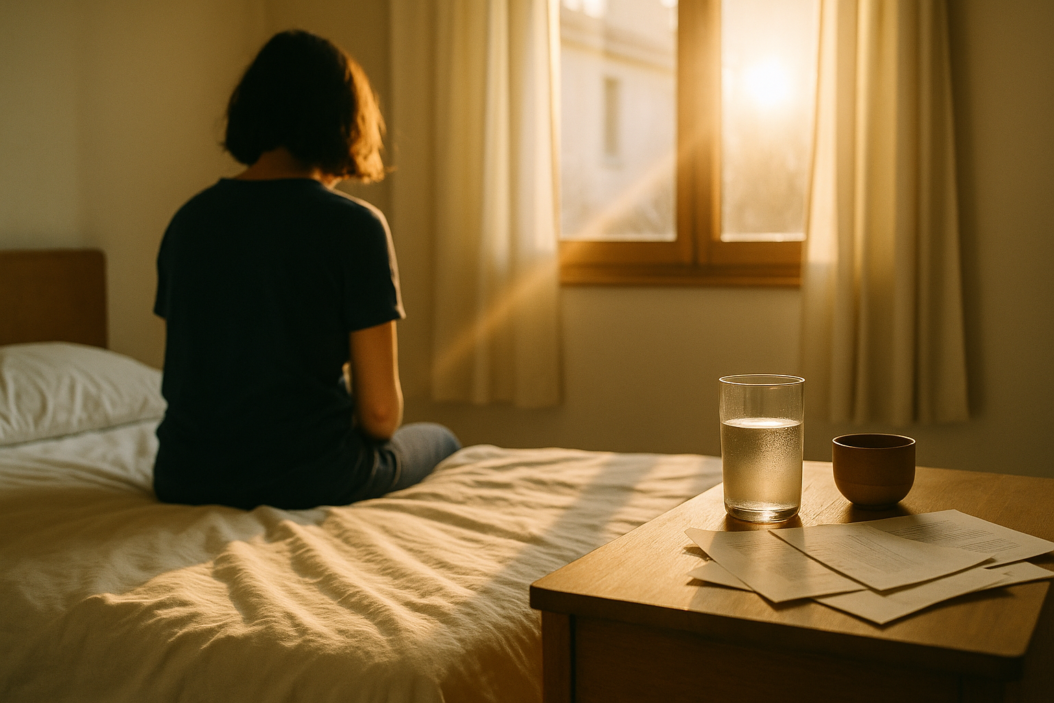 Persona sentada en la orilla de la cama al amanecer, vista de espaldas, con luz natural que entra por la ventana. Junto a ella, un vaso de agua y objetos sobre la mesilla de noche. Ambiente cálido y minimalista que transmite cansancio físico. Tonos en crema, navy y terracota. Fotografía editorial mexicana que representa la fatiga por falta de hemoglobina.