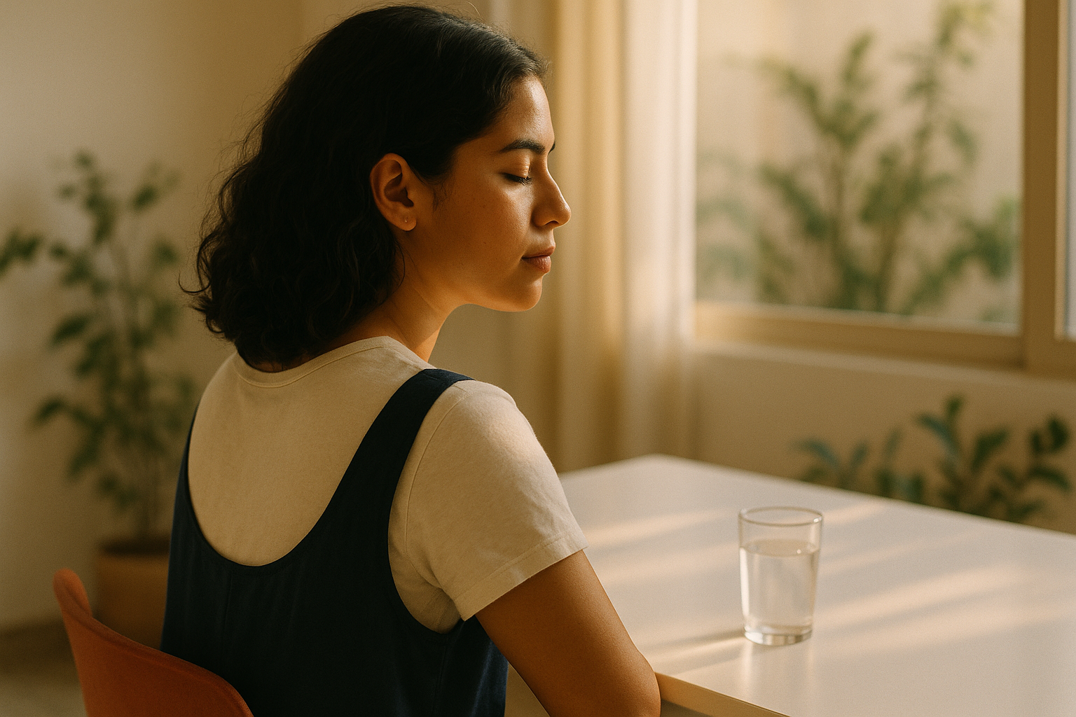 Mujer mexicana sentada frente a una ventana con luz natural de mañana, junto a un vaso de agua y plantas suaves en el fondo desenfocado. Composición editorial con tonos crema, navy y terracota. Ambiente de bienestar y serenidad, fotorrealista