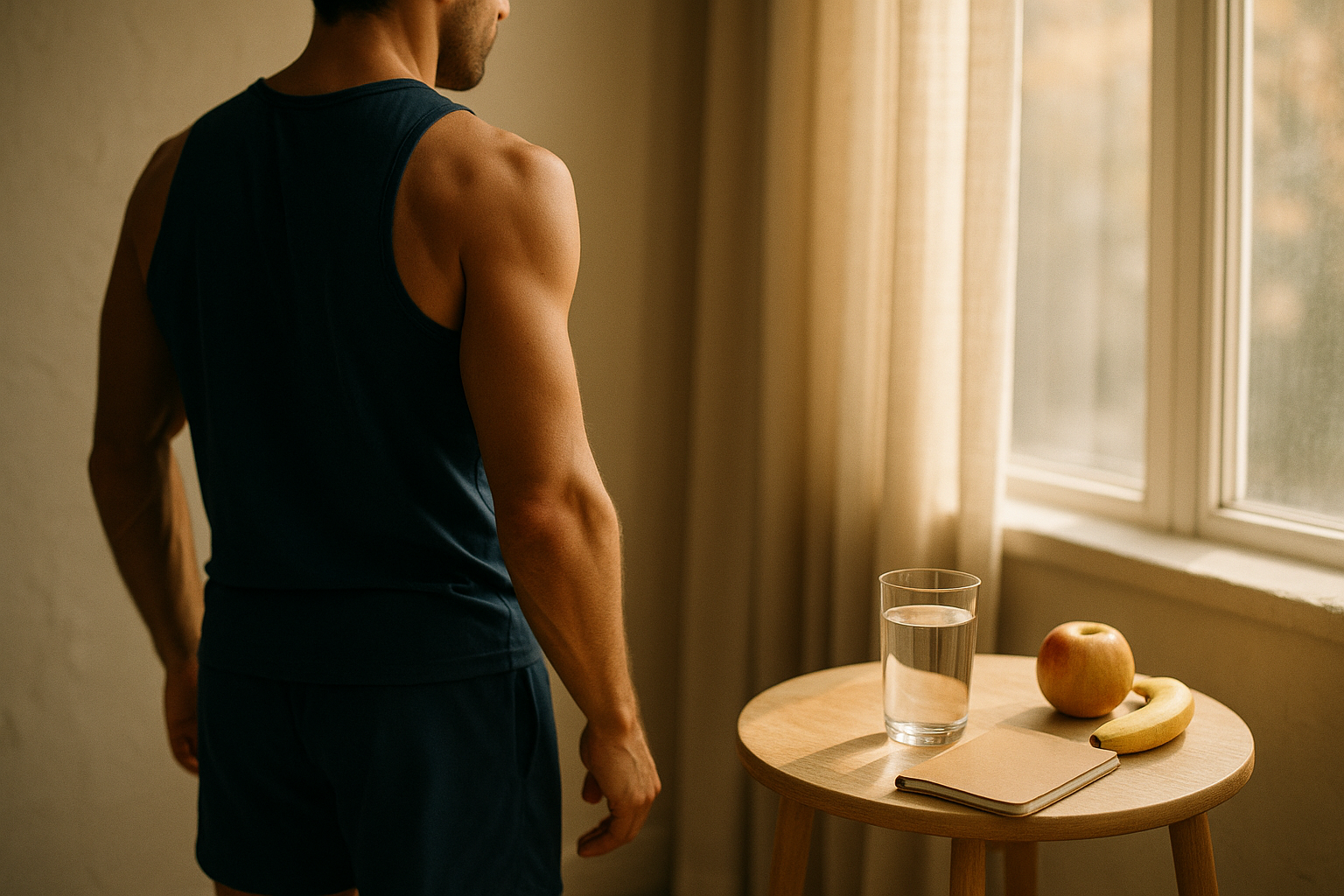 Fotografía editorial de bienestar: persona de espaldas junto a ventana con luz matutina cálida, observando una copa de agua fresca sobre mesa de madera rústica, con frutas frescas y cuaderno de notas. Tonos crema, azul marino y terracota. Estética mexicana de calidez hogareña, luz natural suave, composición tranquila y aspiracional sin textos ni marcas.