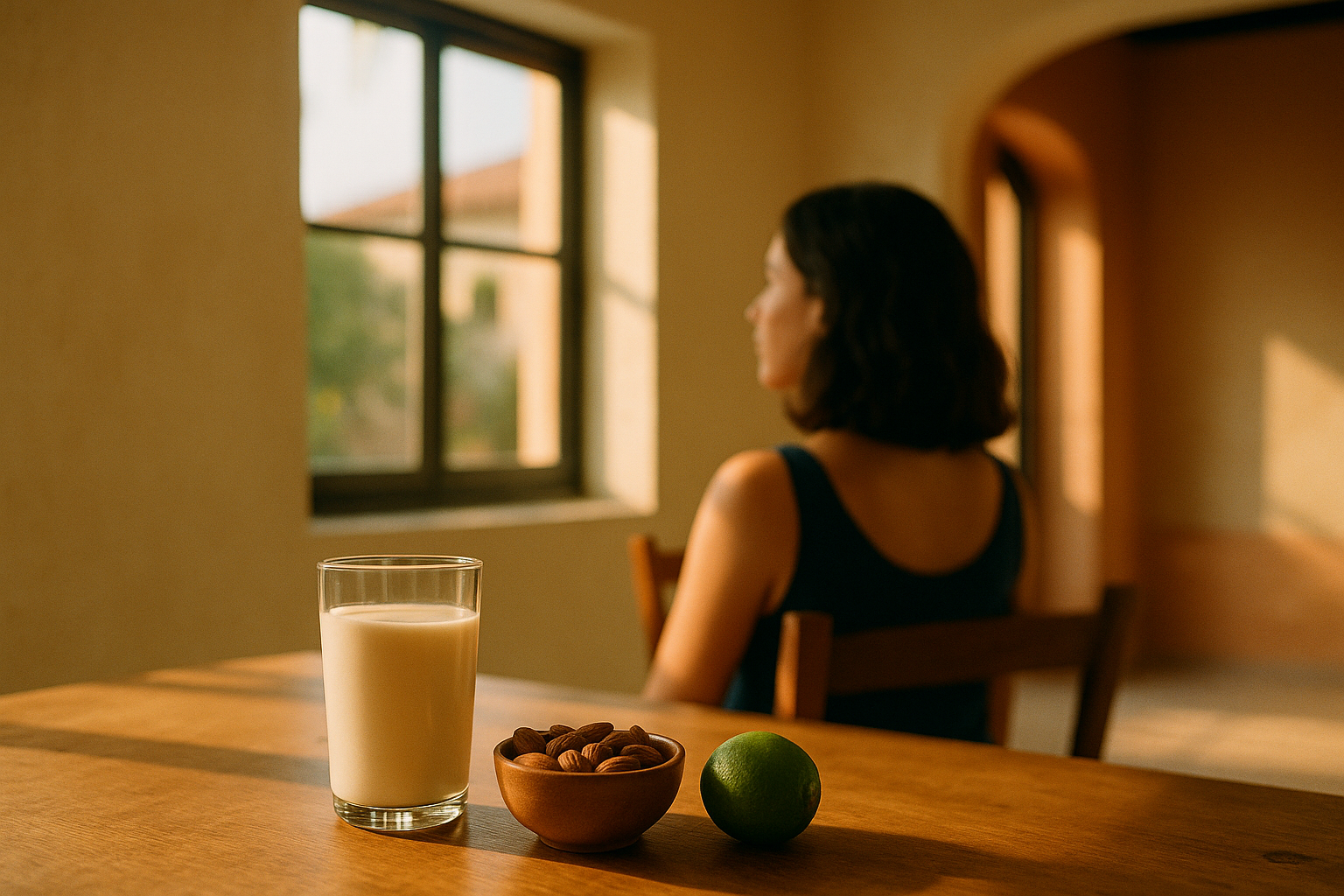 Escena matutina en una cocina mexicana luminosa: vaso de leche fresca sobre una mesa de madera, acompañado de almendras y limón, iluminados por la luz natural de la mañana. Mujer de espaldas desenfocada, contemplando el horizonte. Tonos crema, navy y terracota. Editorial sobre salud ósea y bienestar.