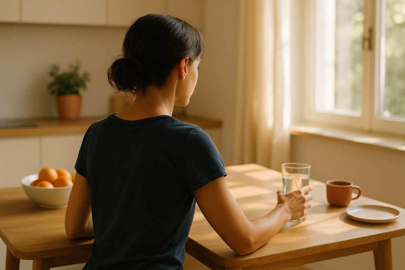 Mujer mexicana en la cocina de su casa sosteniendo una taza de té, con luz cálida de la mañana