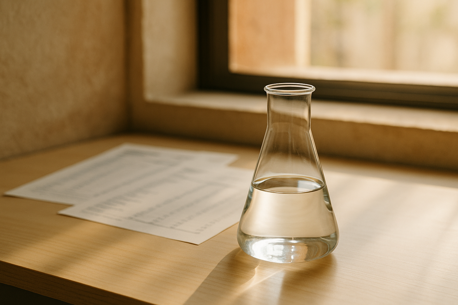 Escena editorial de laboratorio de bienestar con vaso de vidrio claro iluminado por luz natural de mañana, reportes médicos difuminados al fondo sobre escritorio de madera clara, paleta cálida crema y azul marino con toques terracota, estilo fotorrealista mexicano enfocado en biomarcadores de tiroides y análisis de salud