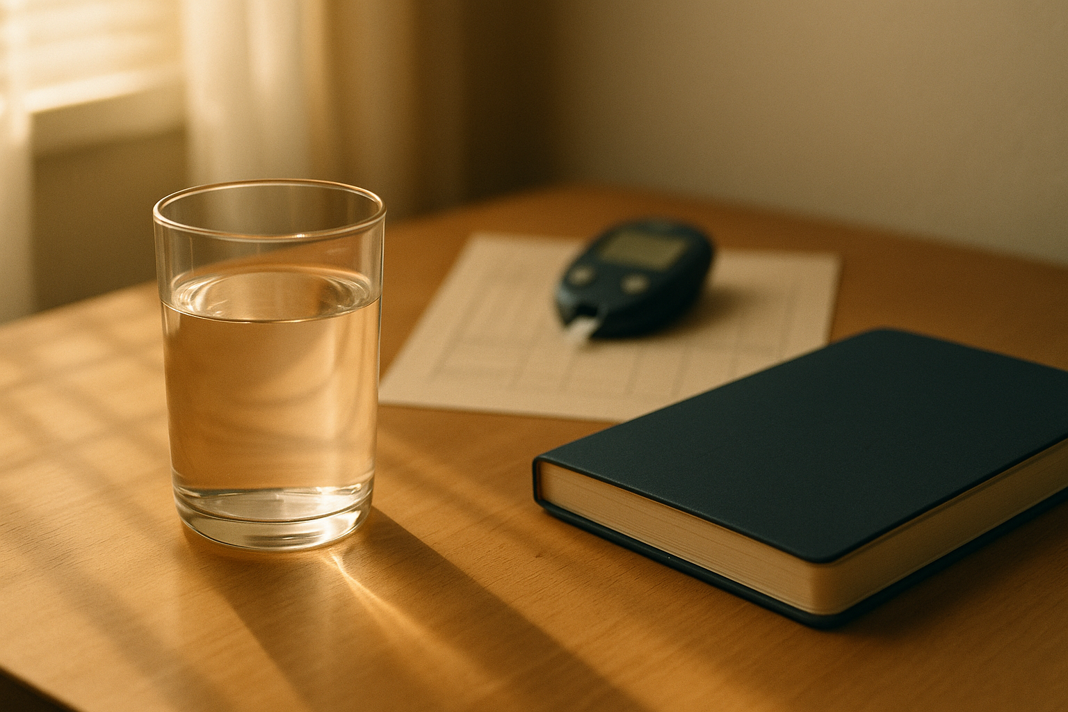 Mesa de madera clara con luz natural de mañana, vaso de agua transparente en primer plano, monitor de glucosa y libreta médica desenfocados al fondo, composición minimalista de bienestar metabólico sin personas visibles, tonos crema y azul marino, luz lateral cálida.