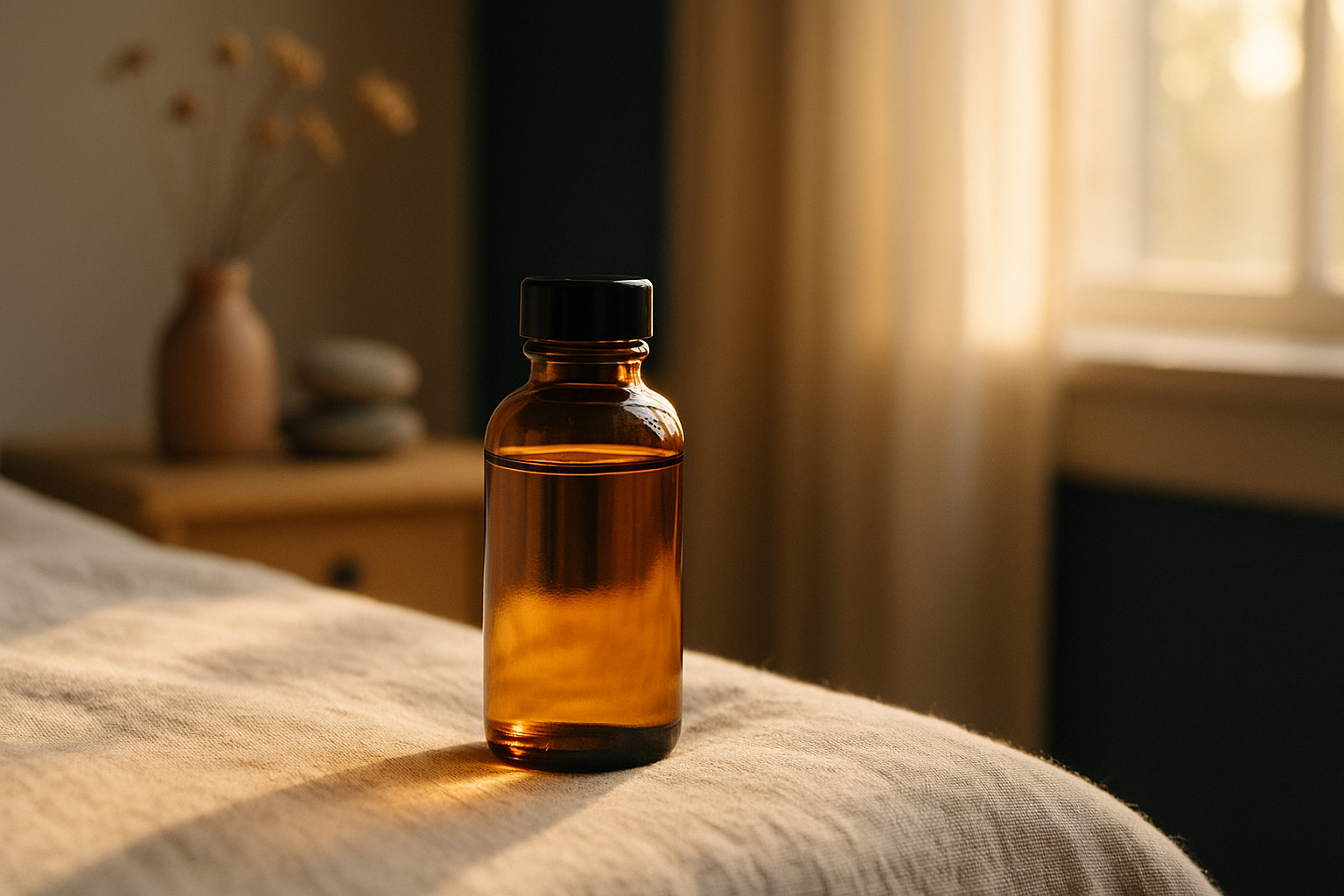Vial de cristal transparente con líquido ámbar iluminado por luz matutina natural, descansando sobre tela de lino crema, fotografía editorial de bienestar con enfoque suave, tonos cálidos y neutros, estilo mexicano minimalista de salud reproductiva