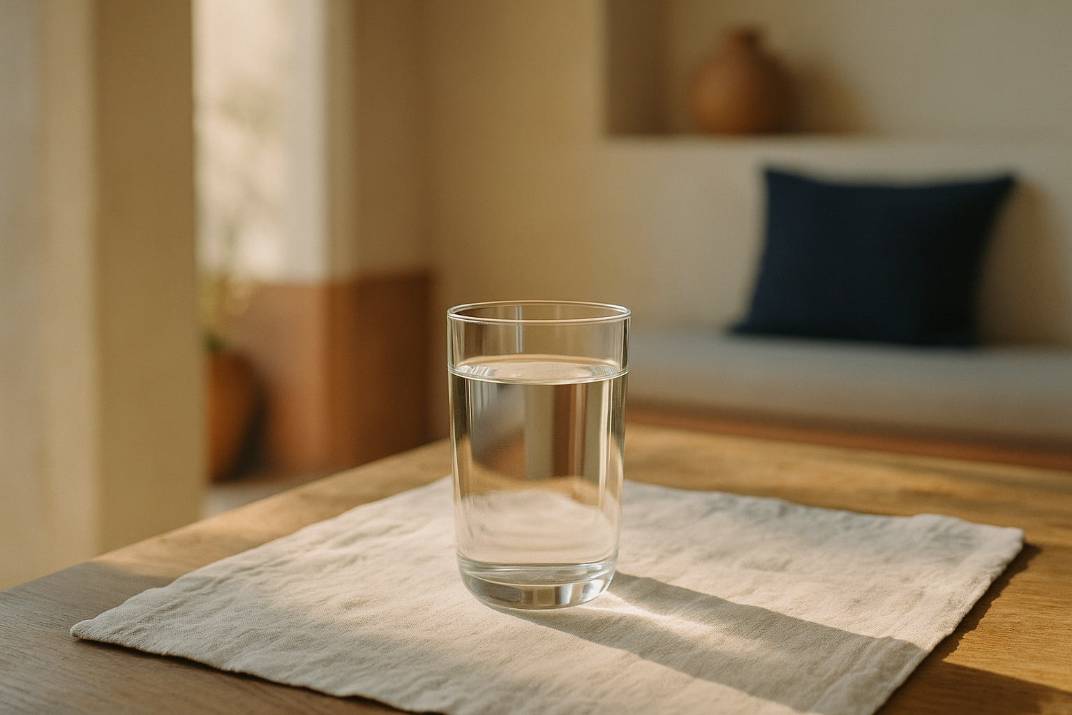 Vaso de agua filtrada sobre mantel de lino en mesa de madera, iluminado por luz natural matutina desde la ventana, fondo desenfocado de interior hogareño mexicano con tonos crema y terracota, composición tranquila que evoca bienestar inmunológico y protección de mucosas, fotografía editorial sin personas.