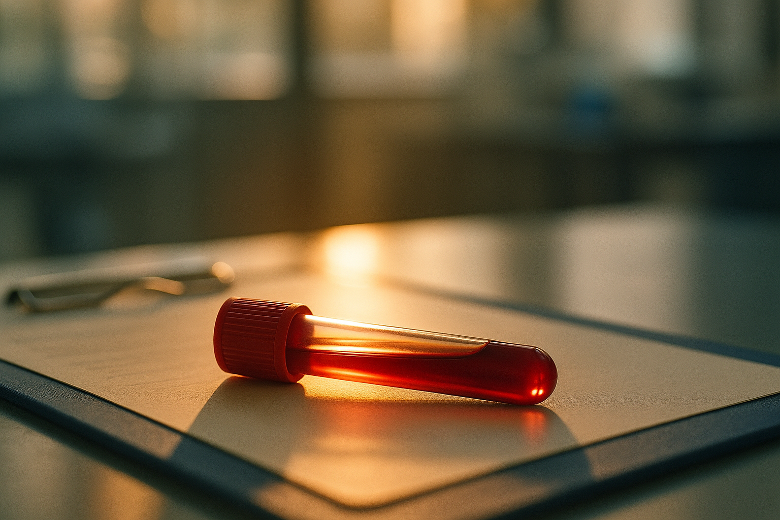 Frasco de muestra de sangre con tonalidades rojas translúcidas, iluminado por luz natural de mañana sobre portapapeles médico en tonos crema y azul marino, representando el análisis de inmunoglobulina IgG y anticuerpos en sangre