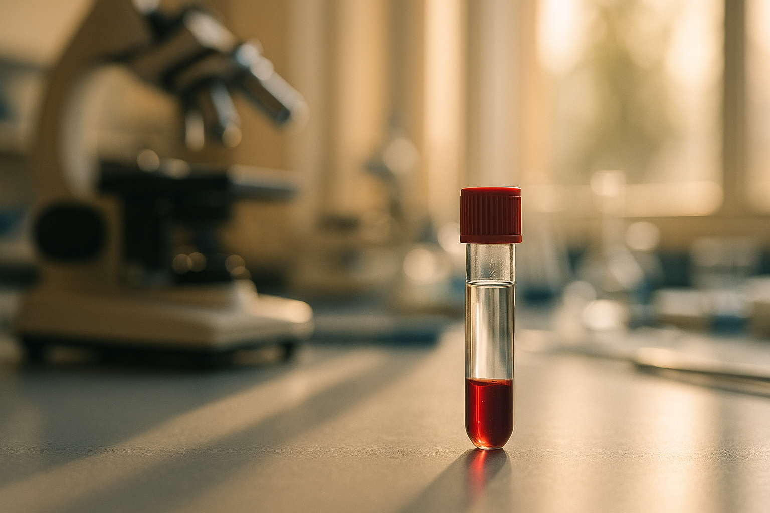 Fotografía editorial de salud: vial de muestra de sangre con luz matutina natural que destaca el líquido transparente, rodeado de equipo de laboratorio médico desenfocado, composición cálida con tonos crema, azul marino y acentos metálicos plateados, ambiente profesional pero humano, sin texto ni logos