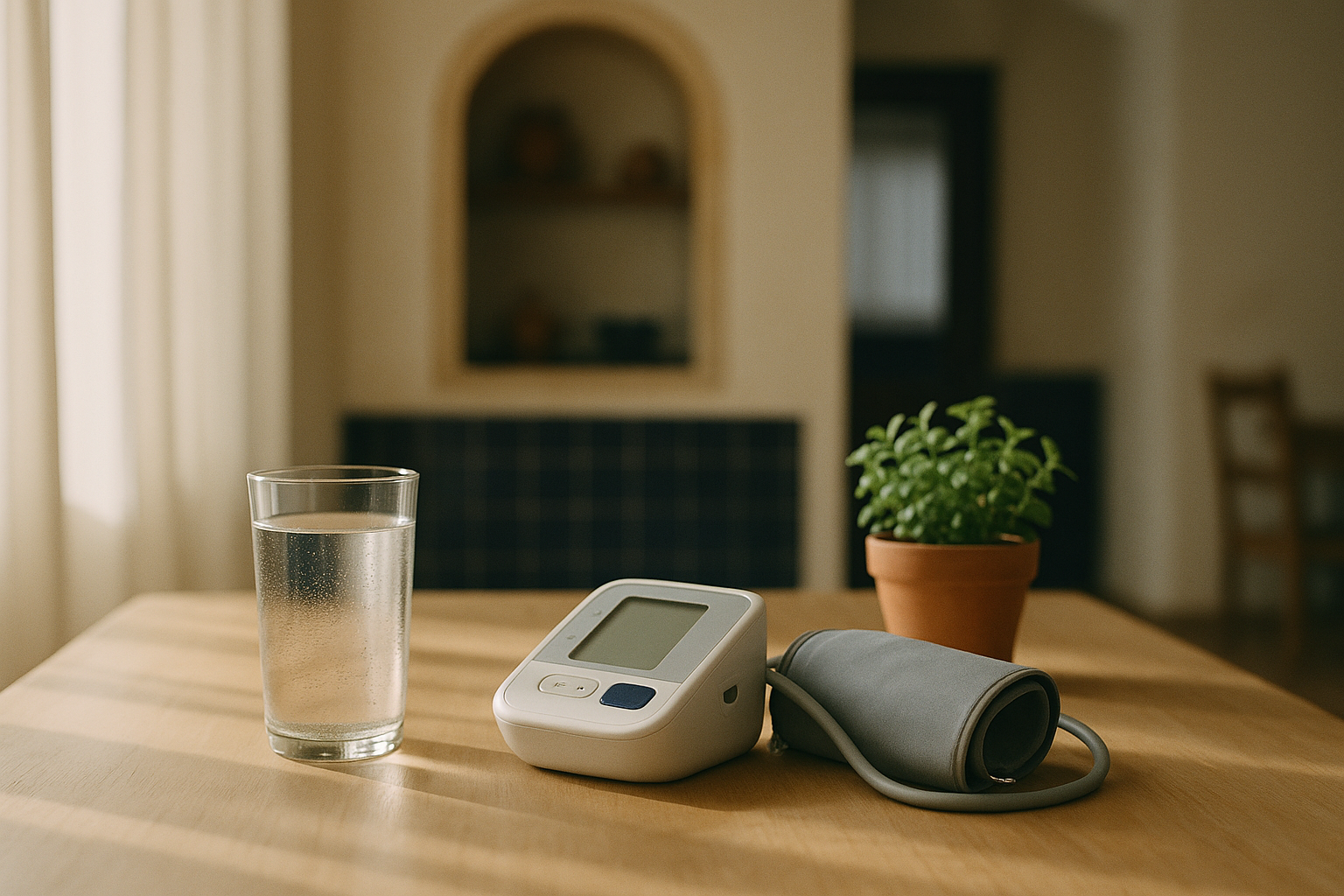 Mesa de madera clara con luz natural de mañana mexicana, vaso de agua cristalino con gotas brillantes, monitor de presión arterial digital y maceta verde, símbolos del cuidado de la salud en el hogar, tonos crema y azul marino, fotografía editorial de bienestar sin figuras humanas
