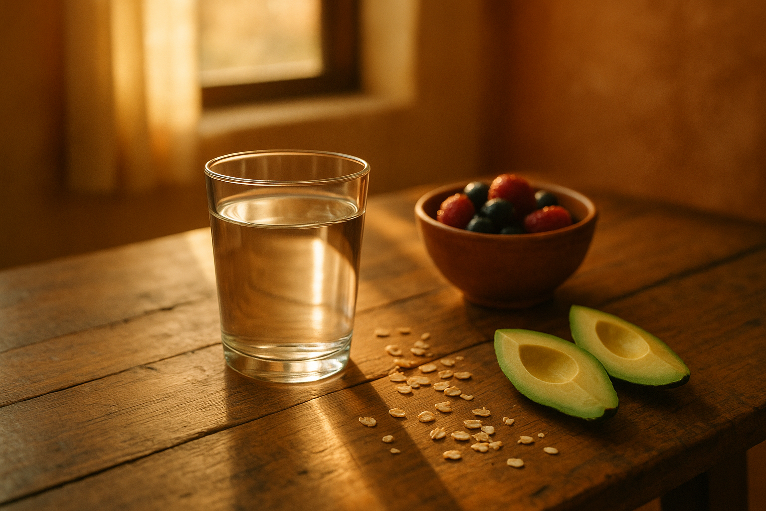 Mesa de madera con luz natural de mañana, vaso de agua fresca, aguacate rebanado, frutos rojos y granos integrales dispersos suavemente, tonos cálidos crema y terracota, composición lifestyle mexicana de salud y bienestar, fotografía editorial sin personas