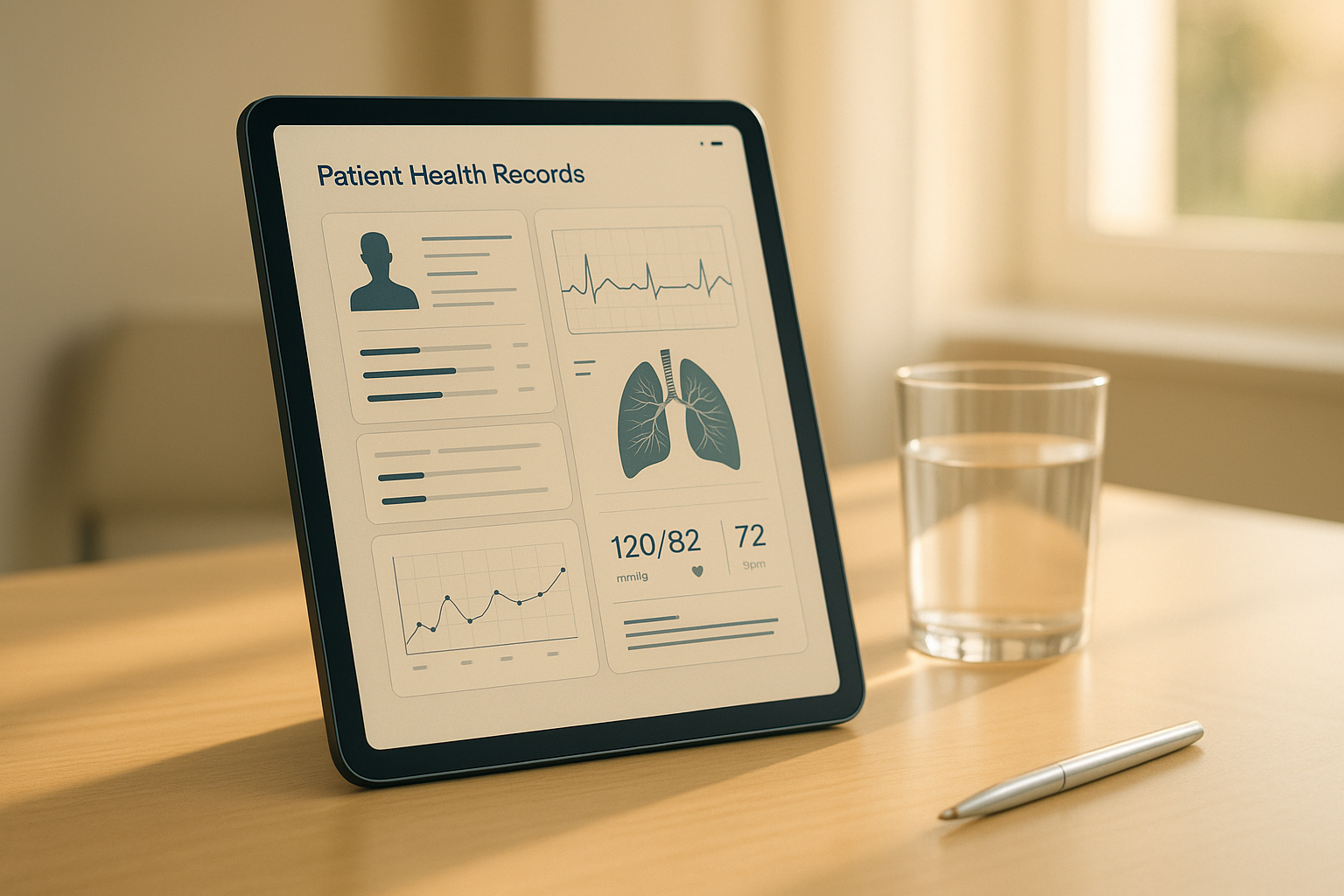 Escritorio clínico moderno con tablet mostrando historial médico digital bajo luz natural de mañana, símbolo visual de datos de salud portátiles y accesibles en México, ambiente profesional y cálido sin artefactos clínicos fríos