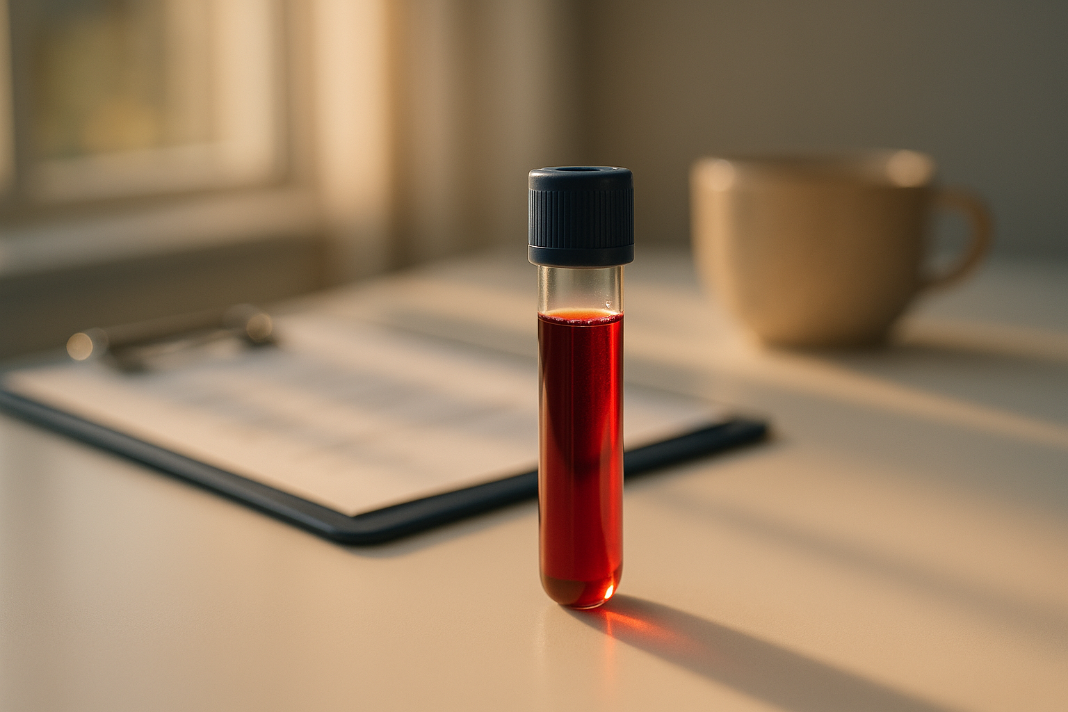 Una gota de sangre en un tubo de análisis que brilla bajo la luz natural de la mañana, simbolizando el lactato deshidrogenasa como señal de alerta del cuerpo; composición editorial con tonos crema, navy y terracota, sin texto ni marcas