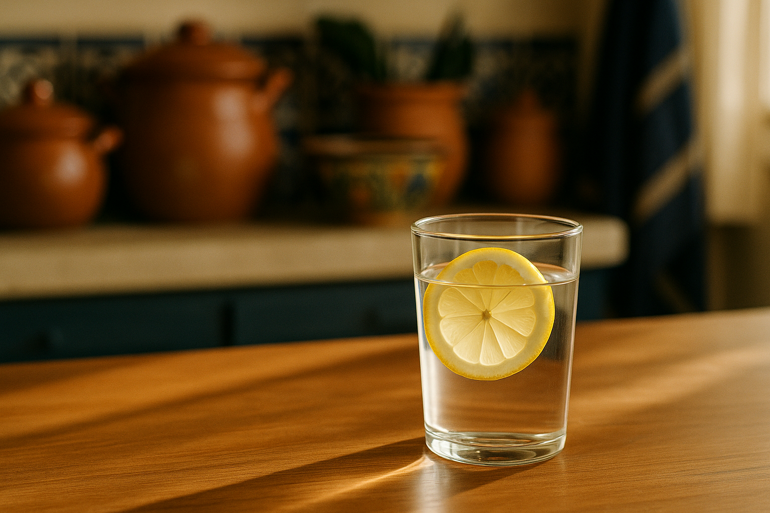 Vaso con agua fresca y rodaja de limón sobre mesa de madera clara, iluminado por luz natural matutina. Al fondo desenfocado, detalles de una cocina acogedora con tonos tierra y azul marino, evocando calidez mexicana. Composición editorial con profundidad de campo suave y sombras naturales.