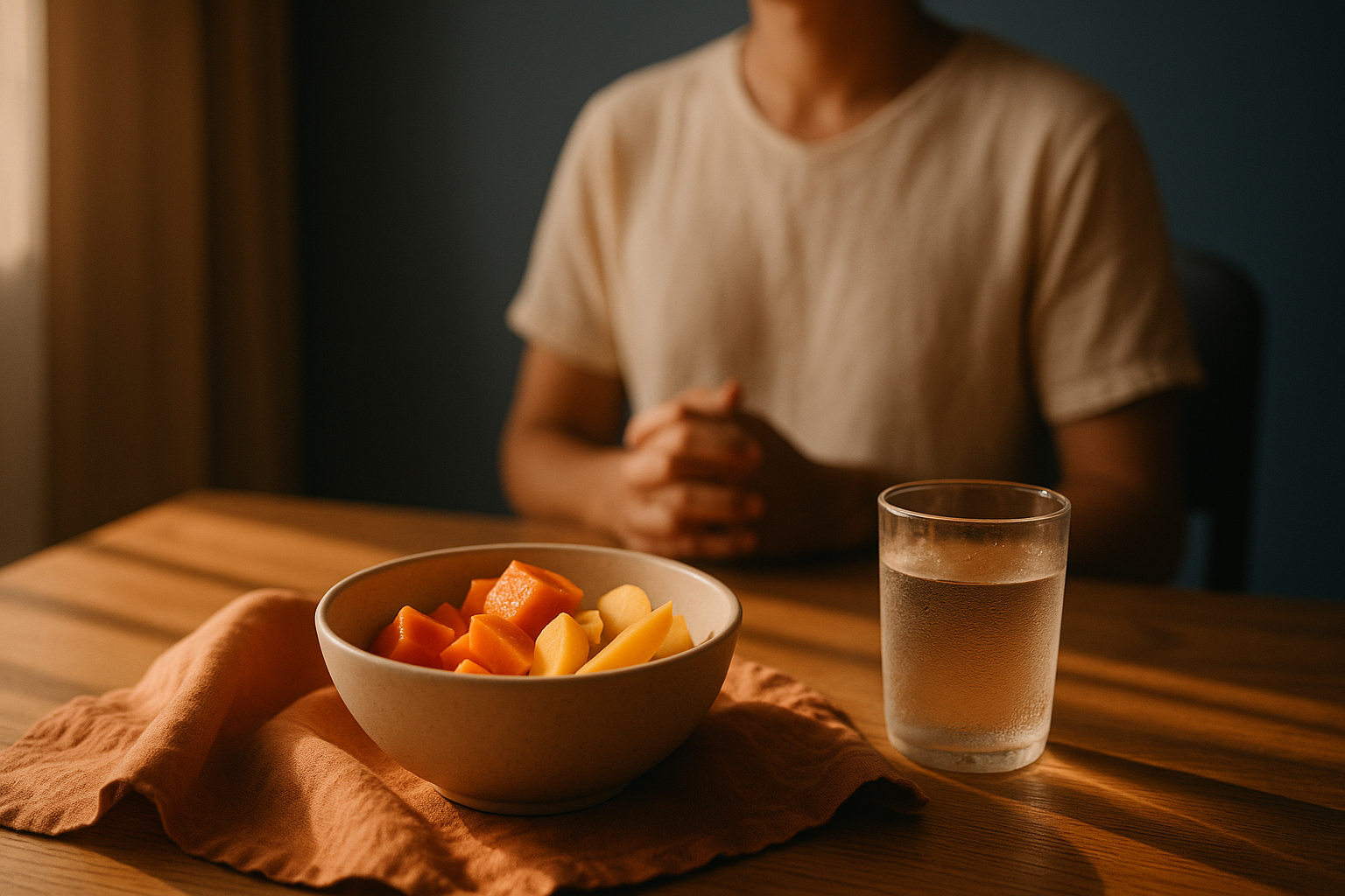 Escena editorial de desayuno minimalista con luz natural matutina: mesa de madera con frutas tropicales frescas en tazón de cerámica, vaso de agua con condensación y servilleta de lino color terracota. Persona al fondo difuminada en pausa contemplativa. Luz dorada suave con sombras azul marino. Fotografía de estilo mexicano con paleta cálida y neutra, editorial y serena, sin manos en primer plano.