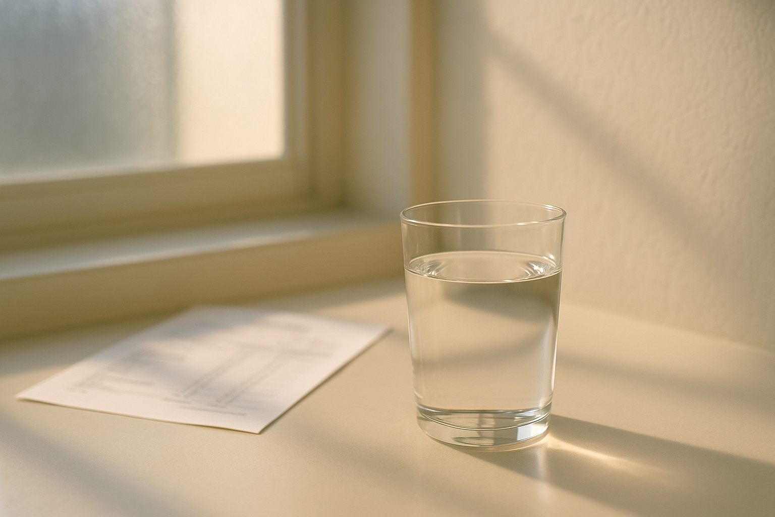 Vaso de vidrio transparente con agua filtrada fresca sobre un lavabo minimalista en baño moderno, luz natural de mañana entrando por ventana translúcida, reporte de laboratorio desenfocado de fondo, tonos crema y gris suave, atmósfera limpia de bienestar y cuidado de la salud urinaria