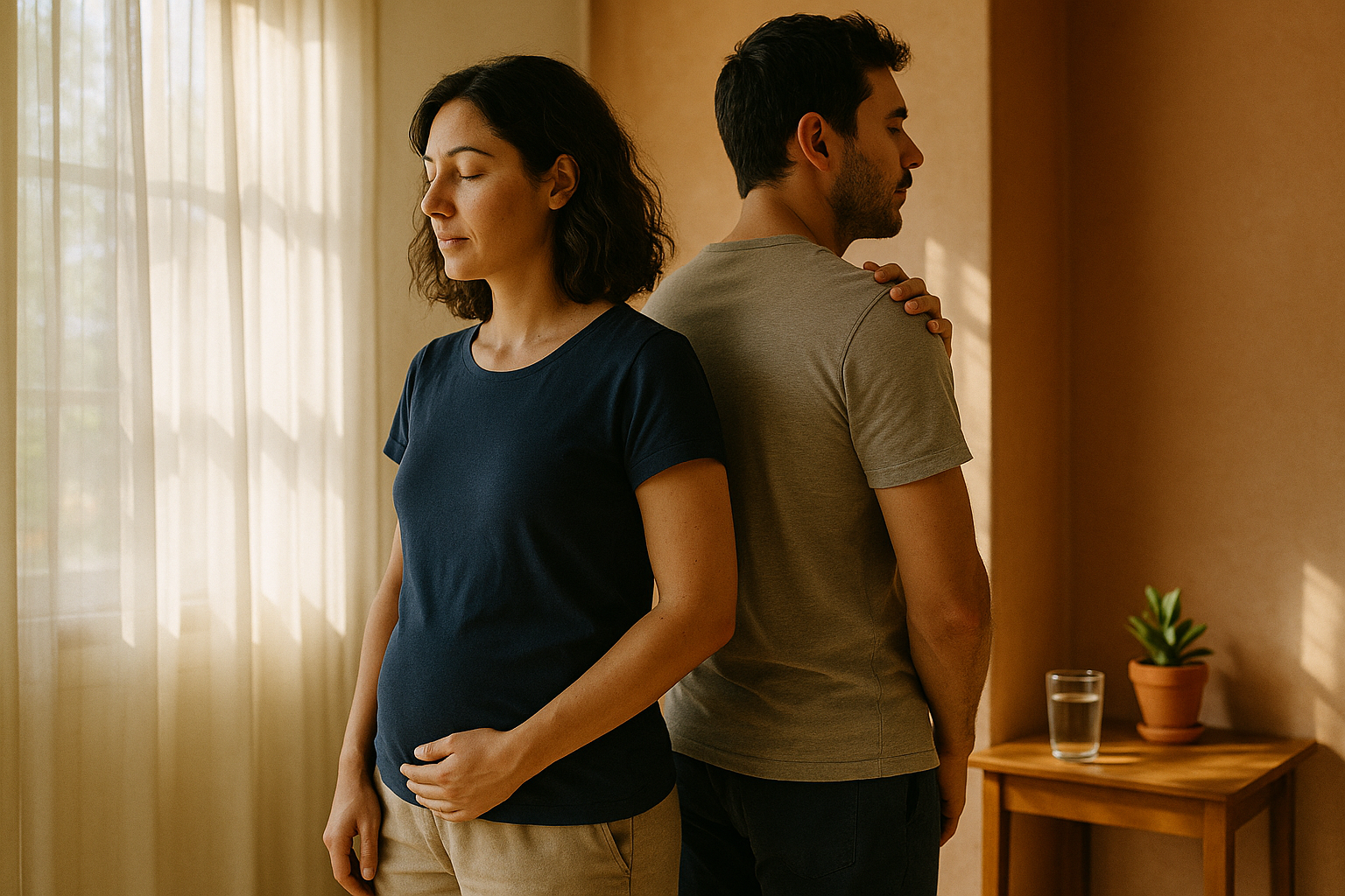 Fotografía editorial y fotorrealista de una pareja de pie en una casa mexicana cálida, iluminada por luz natural matutina. Mujer y hombre de espaldas, con paredes en tonos crema y terracota. Luz suave entra por cortinas translúcidas, creando sombras delicadas. En primer plano difuminado, una mesa de madera con un vaso de agua y una planta pequeña. Paleta de colores naturales con acentos navy, profundidad de campo suave, estética editorial auténtica sin texto ni marcas
