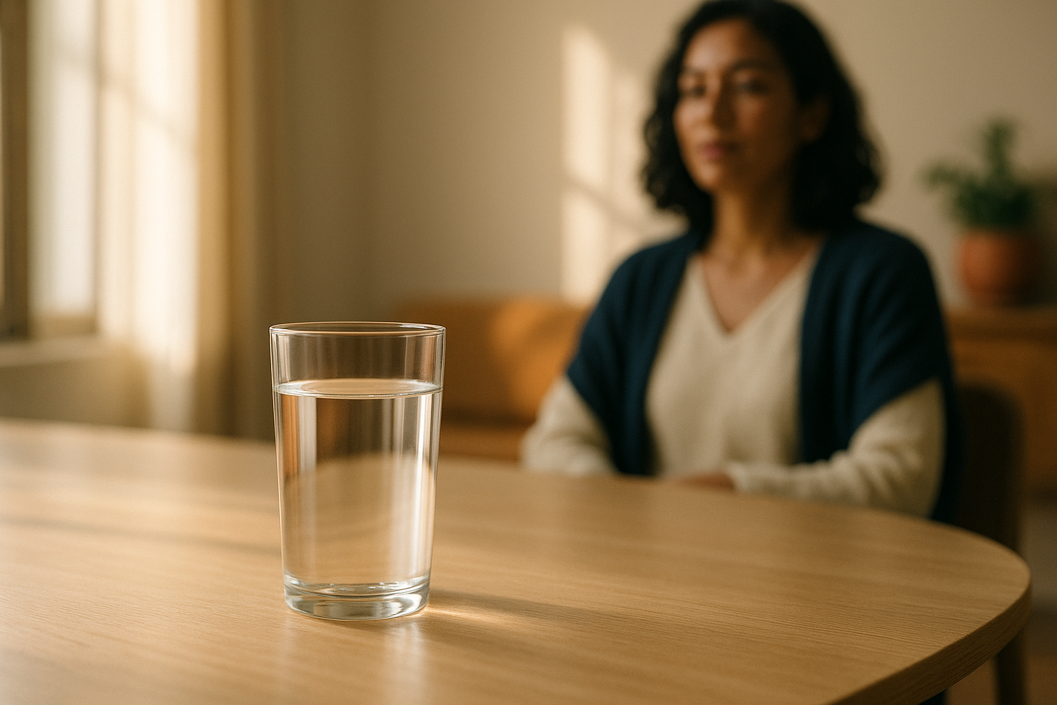 Fotografía editorial de salud en ambiente mexicano: vaso de agua cristalina sobre mesa de madera natural iluminada por luz matutina suave, tonos crema y azul marino, composición minimalista que representa fortaleza inmunológica y bienestar del cuerpo, sin rostros ni manos visibles