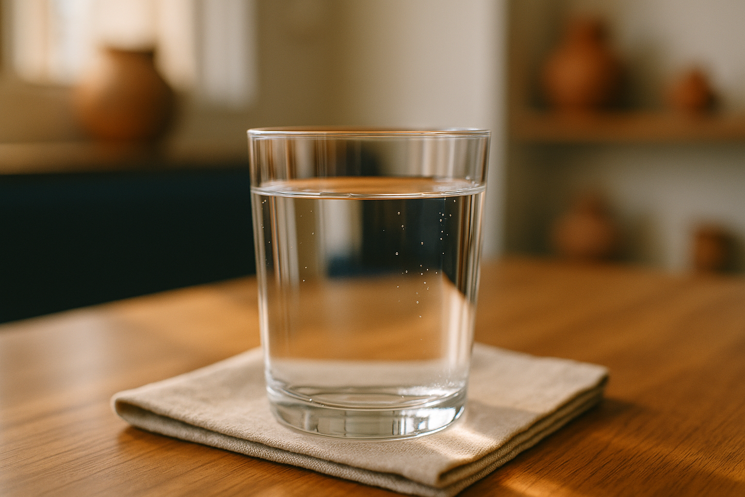 Fotografía editorial de un vaso de agua cristalina sobre una servilleta de lino beige, iluminado por luz natural matinal que resalta la pureza del líquido, con fondo desenfocado mostrando una vasija de barro terracota tradicional mexicana, composición de bodegón elegante que representa la defensa del cuerpo contra infecciones, tonos crema, azul marino y tierra, estilo fotorrealista de salud y bienestar