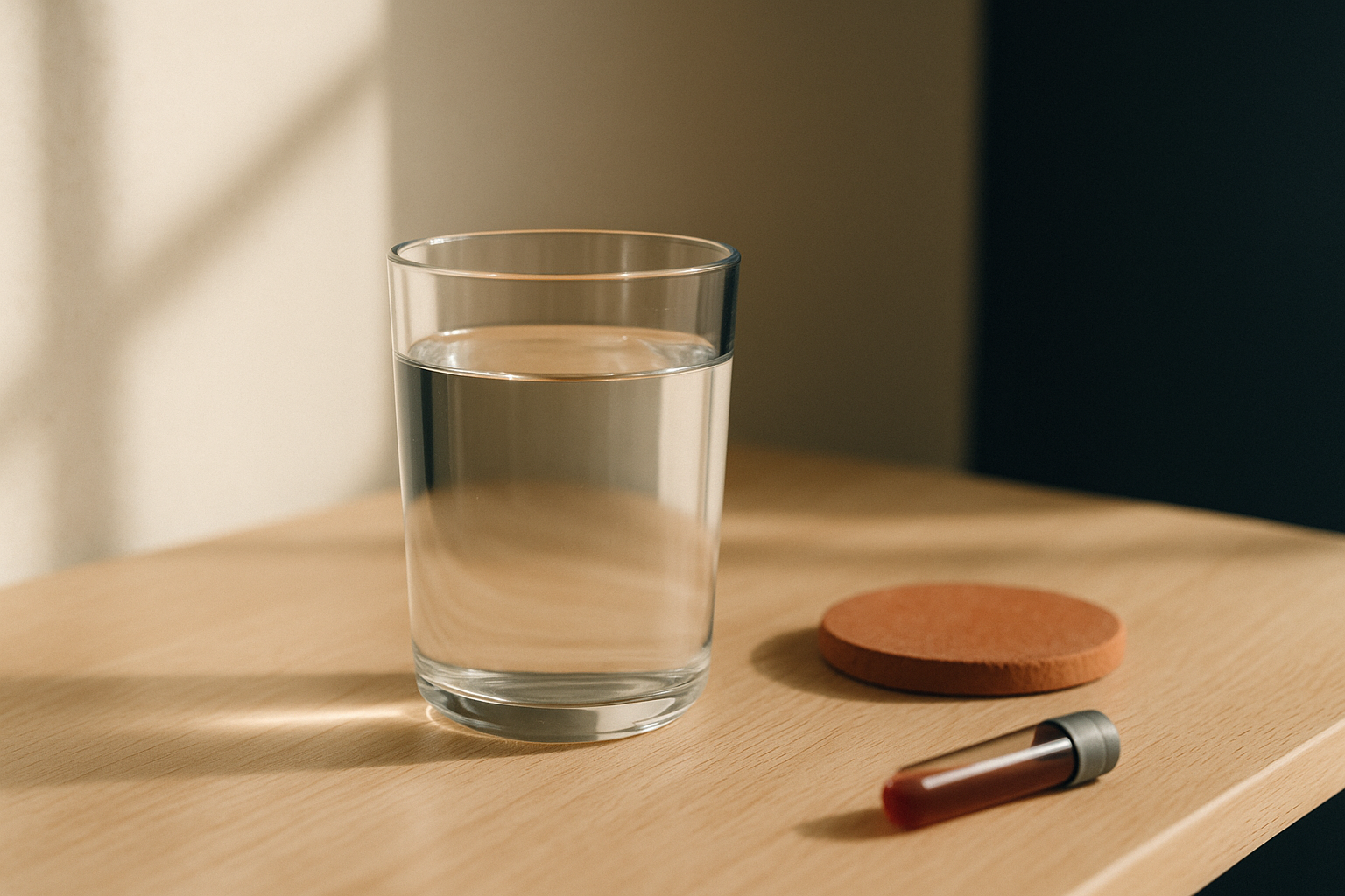 Vaso transparente con agua clara sobre mesa de madera, luz natural matutina suave, gotitas de sangre o frasco médico desenfocado al fondo, paleta crema, azul marino y terracota, composición editorial minimalista con enfoque mexicano, transmitiendo claridad en la salud de las grasas en sangre