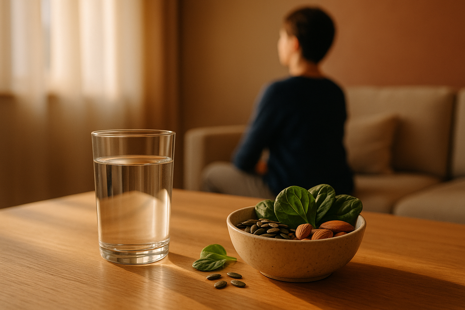 Mesa de madera clara con vaso de agua cristalina y cuenco con semillas de calabaza, almendras y espinacas frescas bajo luz natural matutina. Al fondo desenfocado, una persona descansa relajada en un sofá de tonos neutros. Paleta cálida en crema, azul marino y terracota. Fotografía editorial con profundidad de campo suave que captura la serenidad y el bienestar ligado al magnesio en un ambiente hogareño mexicano.