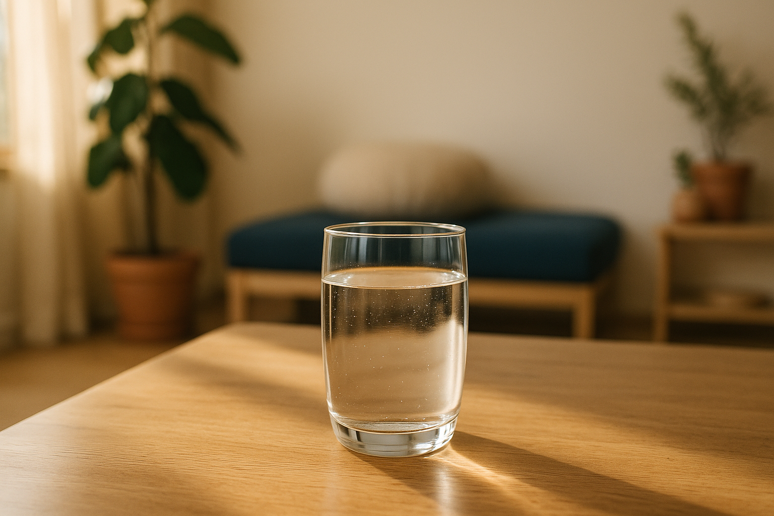 Vaso de agua mineral fresca sobre una mesa de madera con luz natural de mañana, mesa mexicana con tonos neutros cálidos y detalles en terracota, ambiente de bienestar en el hogar, enfoque suave editorial de salud, sin texto, luz matutina difusa