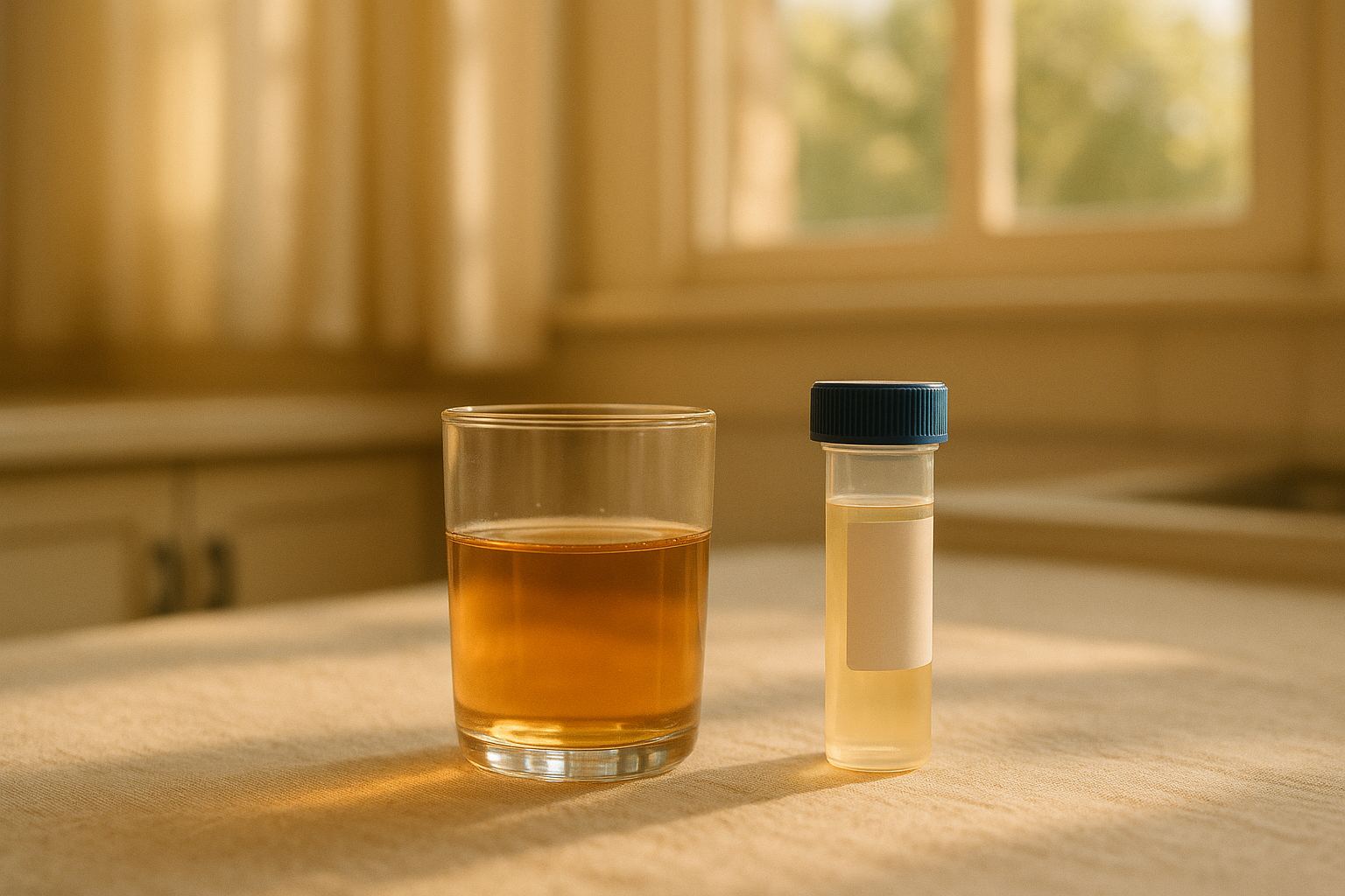 Imagen editorial de muestra de orina de 24 horas en frasco de laboratorio sobre superficie clara con luz natural matutina, ambiente casero y cálido con tonos crema y azul marino, composición de fotografia de salud preventiva, sin rostros ni manos, enfoque mexicano en cuidado renal preventivo