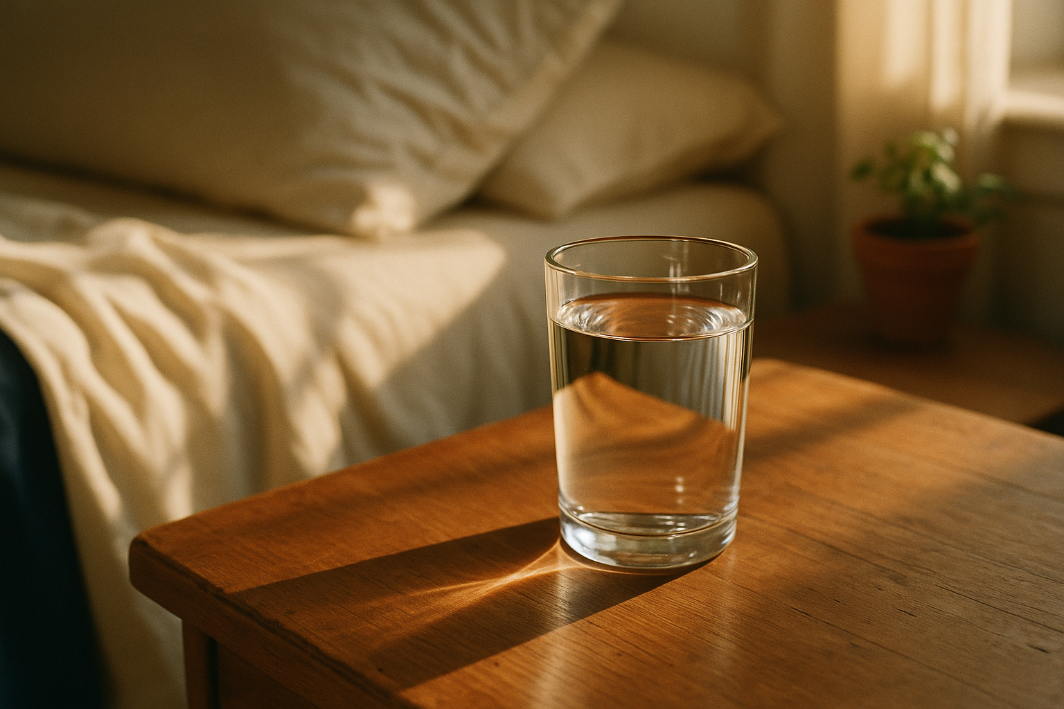 Fotografía editorial en luz natural matutina: vaso de agua cristalina sobre mesa de madera, con rayos de sol cálido atravesando la ventana e iluminando el líquido. Fondo desenfocado con textiles crema y tonos terracota. Composición mexicana, serena, que evoca bienestar y claridad vital. Luz natural suave, profundidad de campo reducida, sin personas ni elementos distractores.