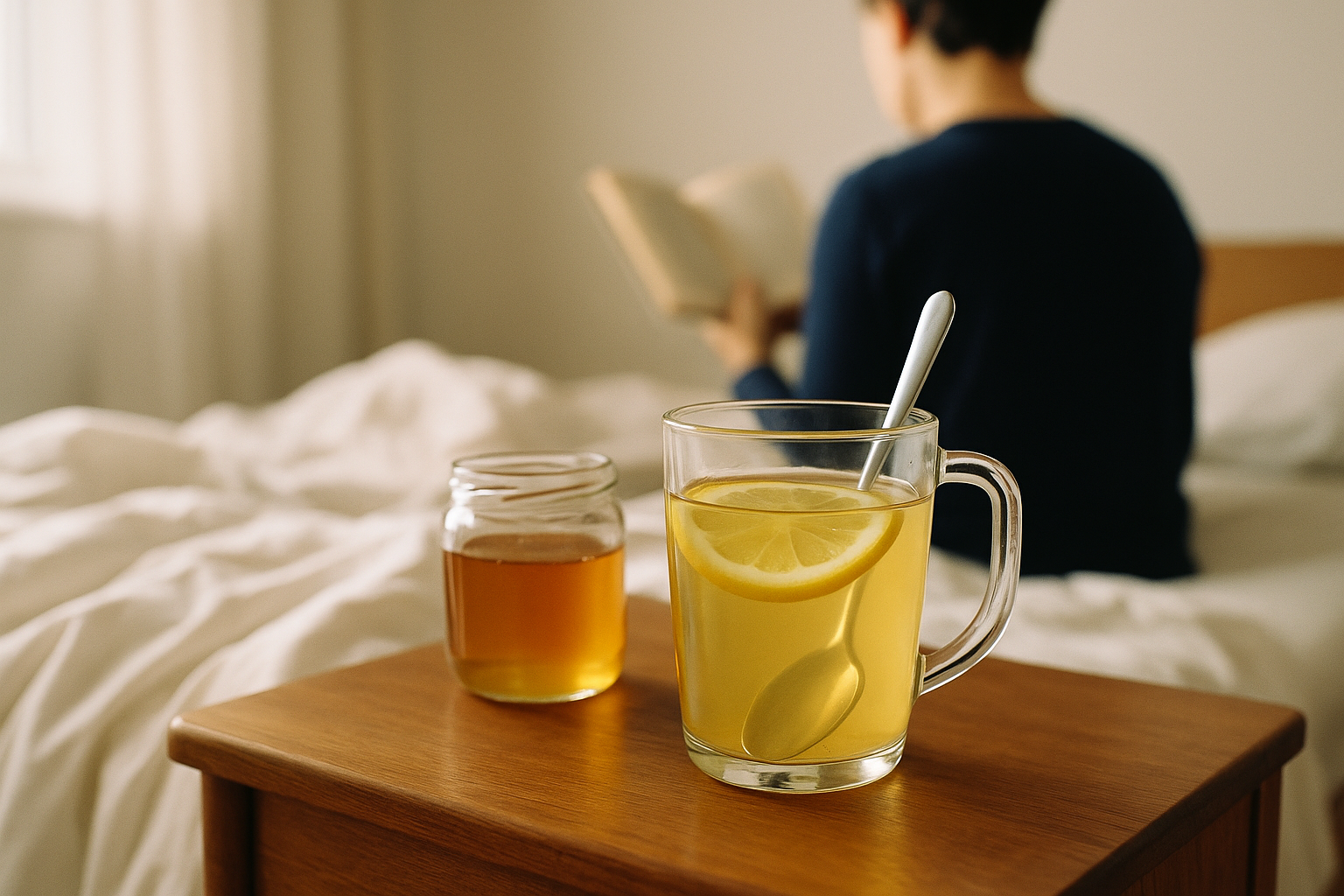 Vaso de agua tibia con miel y limón sobre buró de madera en habitación mexicana; luz natural de mañana; fondo desenfocado de cama con sábanas blancas; persona sentada de espaldas leyendo; fotografía editorial de bienestar, paleta cálida con tonos crema y navy