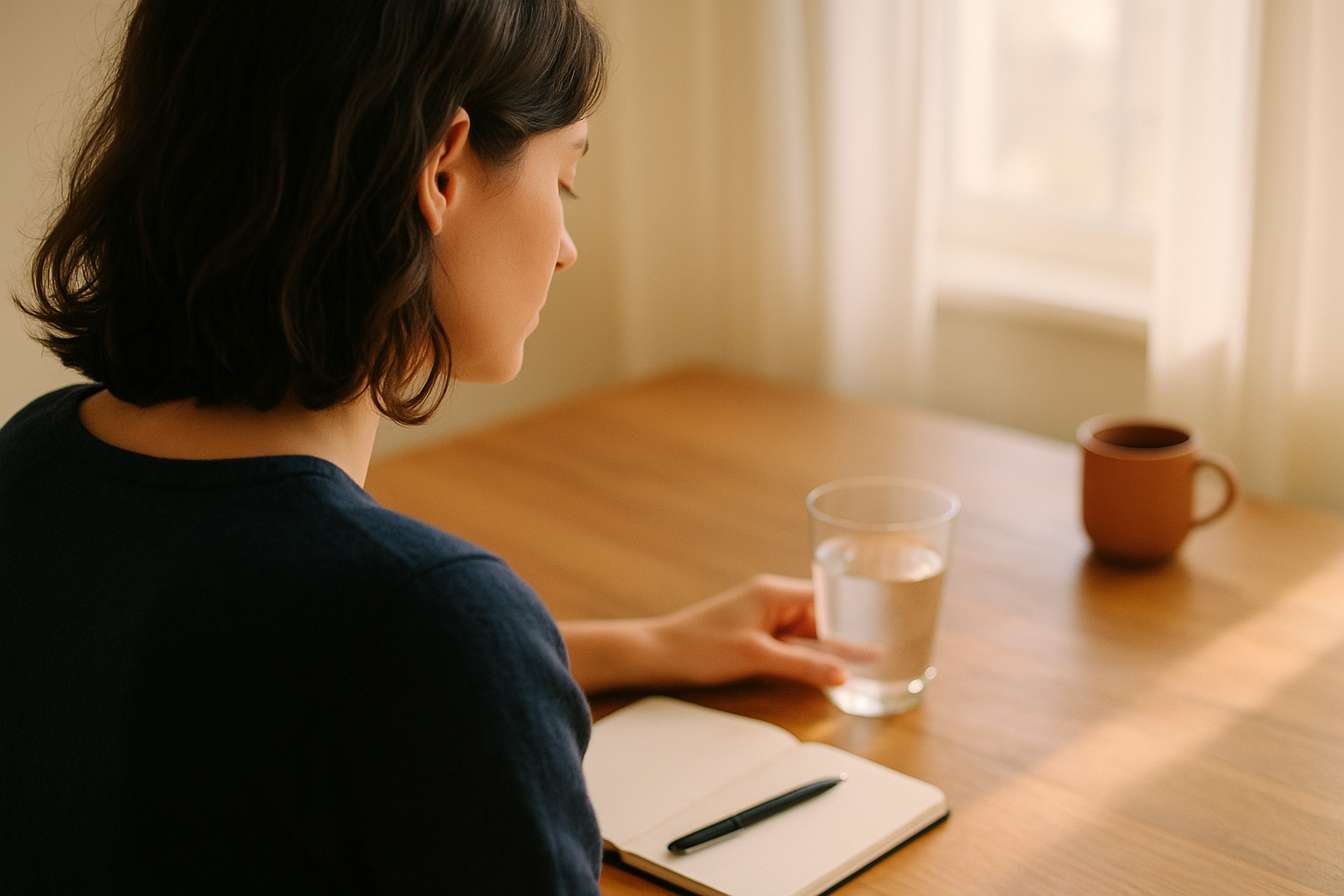 Mujer joven de espaldas ante una mesa de madera cálida, bajo luz matutina suave, contemplando un vaso de agua. A su lado, un cuaderno y pluma. La escena respira calma y reflexión de bienestar, con tonos crema, azul marino y cerámica terracota. Luz natural que filtra por la ventana, fotografía editorial mexicana de estilo hogareño sin rostros en primer plano