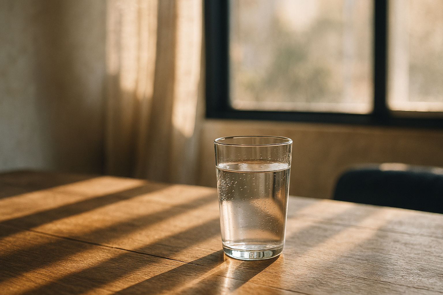 Vaso de agua cristalina sobre una mesa de madera clara, iluminado por la luz natural de la mañana que entra por la ventana, con sombras suaves y tonos crema, azul marino y tierra, composición editorial que evoca bienestar y defensa inmunológica, sin rostros ni manos visibles