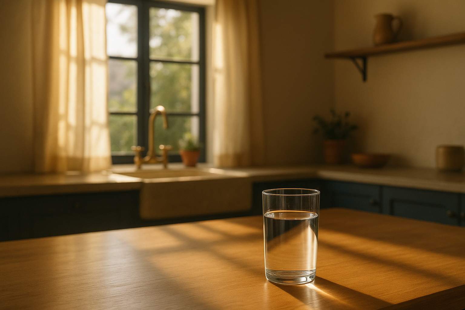 Mesa de madera clara con un vaso de agua fresca bajo la luz matinal, interior hogareño mexicano sereno, tonos crema y azul marino, fotografía editorial de bienestar e inmunidad, luz natural suave y direccional