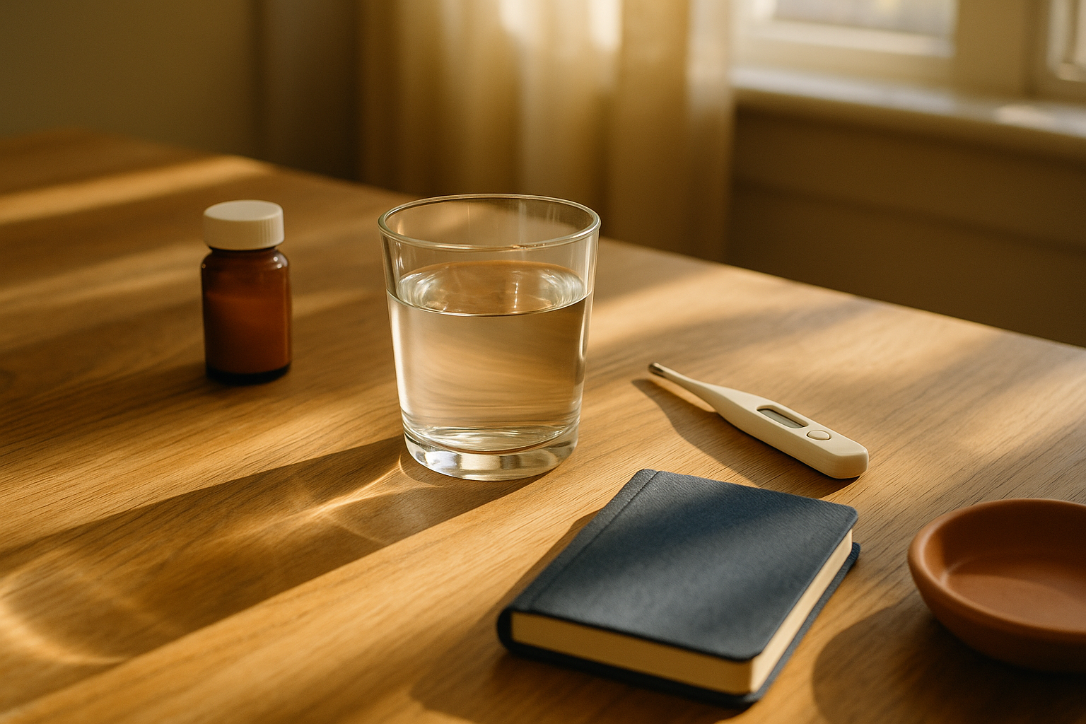 Mesa de madera con vaso de agua iluminado por luz natural de la mañana, termómetro y cuaderno de salud al fondo, composición editorial cálida con tonos crema, azul marino y terracota, fotografía de bienestar con enfoque en la hidratación y equilibrio corporal