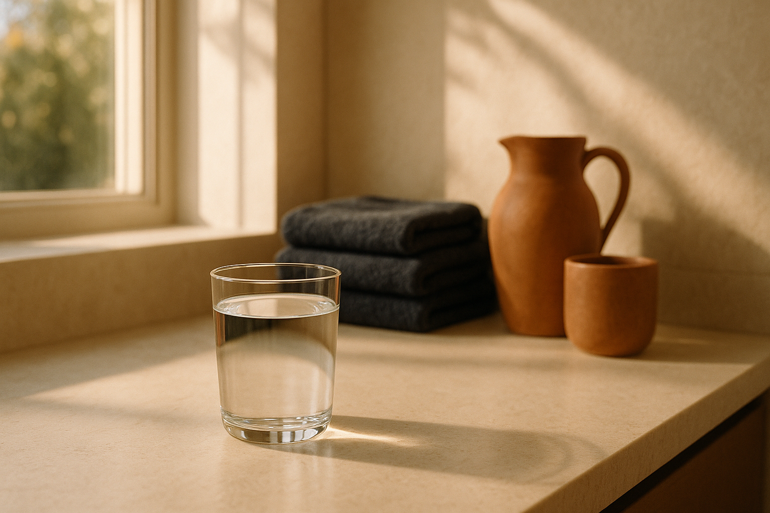 Vaso de agua cristalina sobre mesada de piedra clara, iluminado por luz natural de mañana en baño mexicano, toallas azul marino y recipientes de terracota, composición editorial minimalista, ambiente de bienestar e hidratación preventiva
