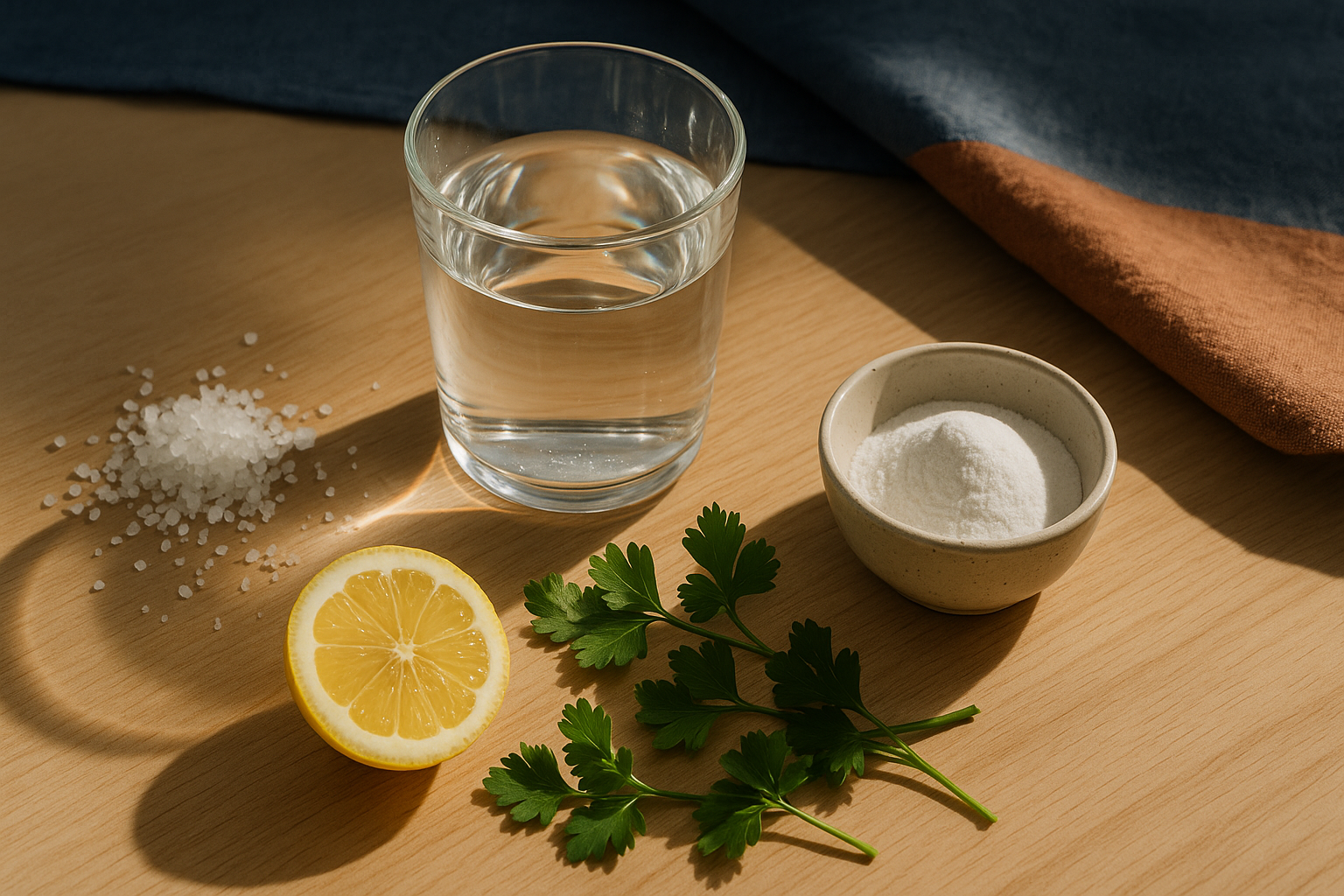 Fotografía editorial lifestyle en plano cenital de una escena matutina de bienestar en mesa de madera: vaso de agua fresca con luz refractada, cristales de sal marina, limón fresco, hierbas verdes mexicanas (cilantro, perejil) y bowl de cerámica artesanal con polvo de electrolitos. Luz natural matutina suave desde la izquierda, tonos crema, navy y terracota, profundidad de campo somera, sin manos, sin texto, estilo fotográfico editorial realista y cálido