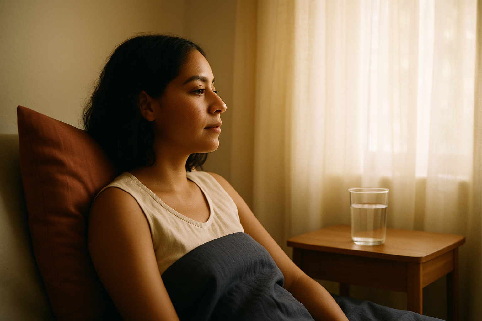 Mujer descansando junto a la ventana matutina de su recámara, con expresión tranquila y reflexiva. La luz dorada de la mañana ilumina suavemente su rostro a través de cortinas translúcidas. En la mesita de noche de madera, un vaso de agua fresca refleja la claridad. Dormitorio con tonos crema, ropa de cama azul marino y detalles en terracota. Fotografía editorial intimista de bienestar, sin texto visible.