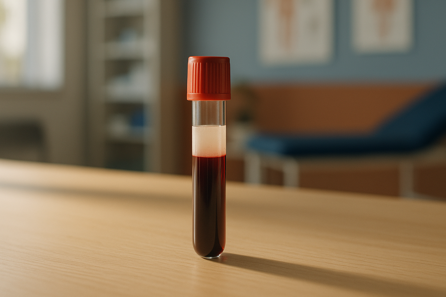 Frasco de muestra de sangre capturado en luz natural matutina sobre una superficie de madera clara, con tonos neutros, azul marino y terracota; composición editorial con profundidad de campo suave que transmite confianza médica y bienestar, inspirada en consultorios y laboratorios mexicanos de salud preventiva