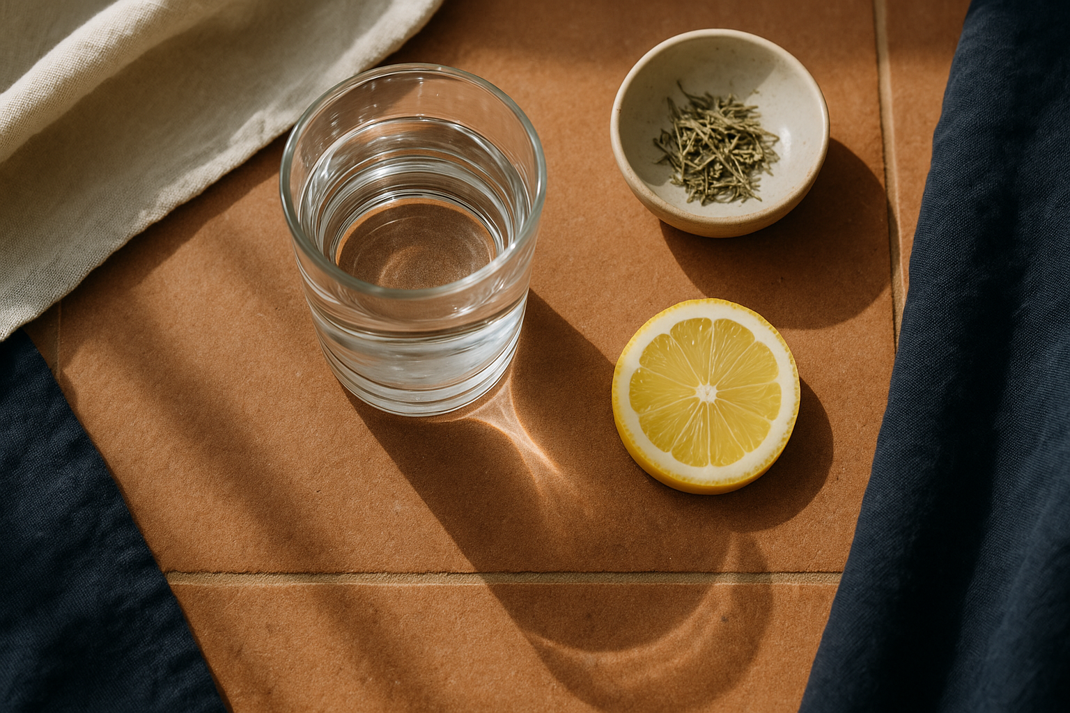 Composición plana de bienestar hepático: vaso de agua cristalina con luz matinal natural, rodajita de limón fresco y hierbas en pequeño plato cerámico sobre superficie de terracota cálida, con textiles crema y navy al fondo desenfocados. Fotografía editorial realista, sin personas, iluminación natural suave, profundidad de campo somera, estilo mexicano minimalista.