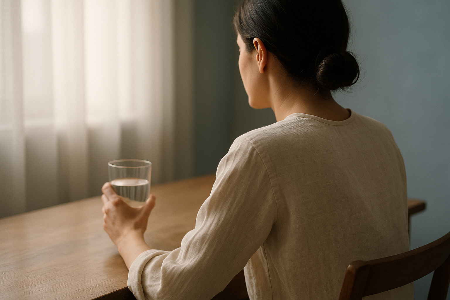 Mujer vista de espaldas en una mesa de madera clara, sosteniendo un vaso de agua transparente bajo la luz natural de la mañana, ambiente cálido y sereno con tonos crema, navy y detalles de lino, representa la autoexploración del bienestar hormonal y el entendimiento corporal desde una perspectiva mexicana de conexión y autocuidado