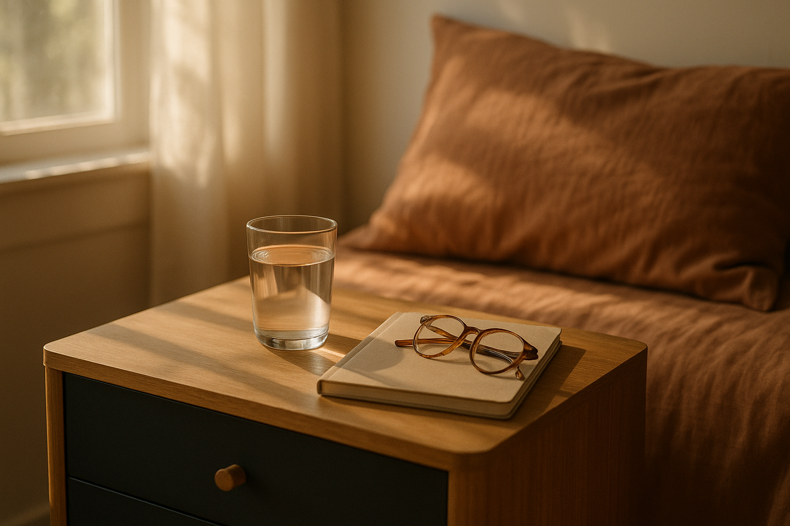 Luz cálida de mañana filtrándose en una recámara minimalista mexicana, con un vaso de agua clara sobre una mesita de noche en tonos crema y azul marino. Junto al vaso, un diario de salud y lentes de lectura sobre madera natural. Ropa de cama en tonos terracota desenfocada al fondo. Escena editorial íntima y serena que evoca el bienestar y el autocuidado cotidiano.