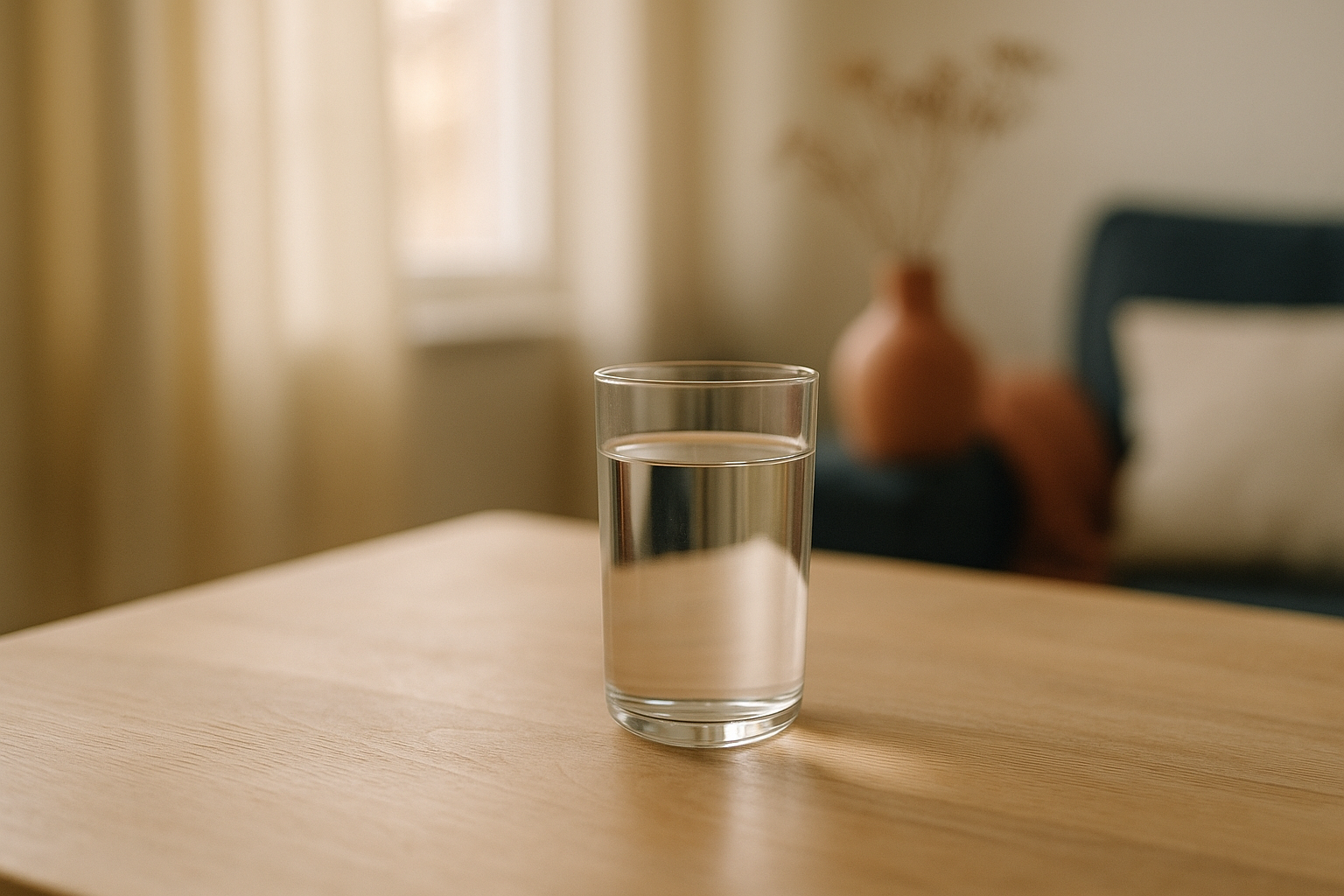 Escena matinal serena con un vaso de agua fresca sobre mesa de madera clara, luz natural suave entrando por ventana, tonos crema y azul marino, fotografía de bienestar y salud renal en estilo mexicano contemporáneo