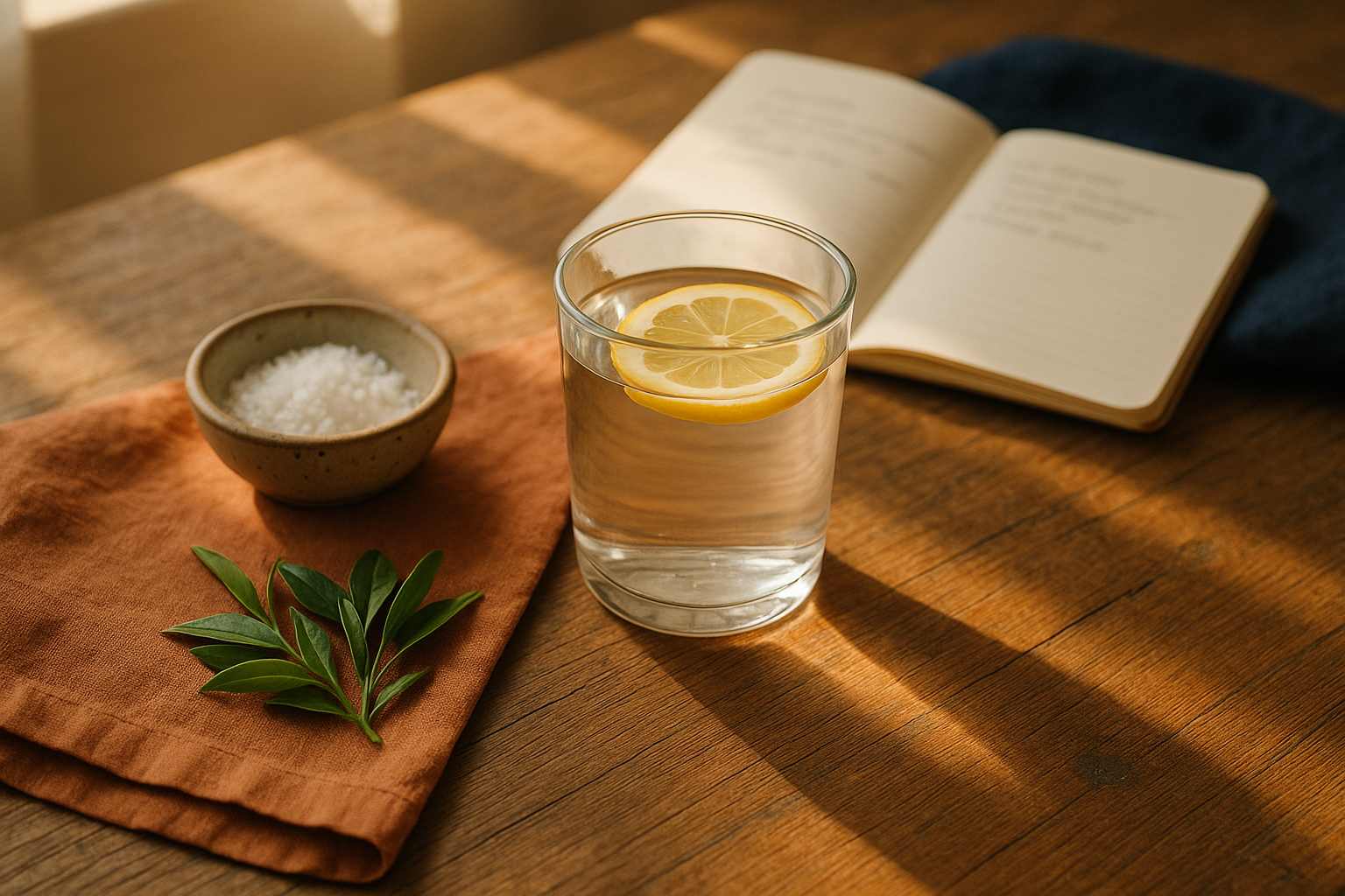 Mesa de madera con luz natural matutina: vaso de agua cristalina con rodaja de limón, pequeño tazón de cerámica con sal marina, hojas frescas de té verde, y libreta de apuntes de salud difuminada. Tonos cálidos de terracota y azul marino. Luz suave que transmite claridad y bienestar del cuerpo en equilibrio, estilo wellness mexicano minimalista sin manos ni logos.