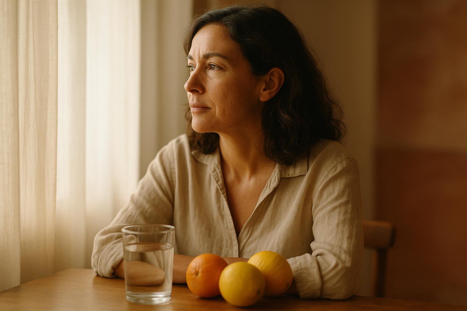 Mujer de mediana edad en una habitación cálida iluminada por luz natural de la mañana, mirando hacia la ventana con expresión reflexiva. Viste una camisa de lino en tonos neutros. Junto a ella, sobre una mesa de madera, reposa un vaso de agua y frutas cítricas frescas. La luz dorada entra suavemente a través de cortinas translúcidas, creando una atmósfera íntima de bienestar. Fotografía editorial con tonos crema, navy y terracota, que evoca la calidez del hogar mexicano moderno.