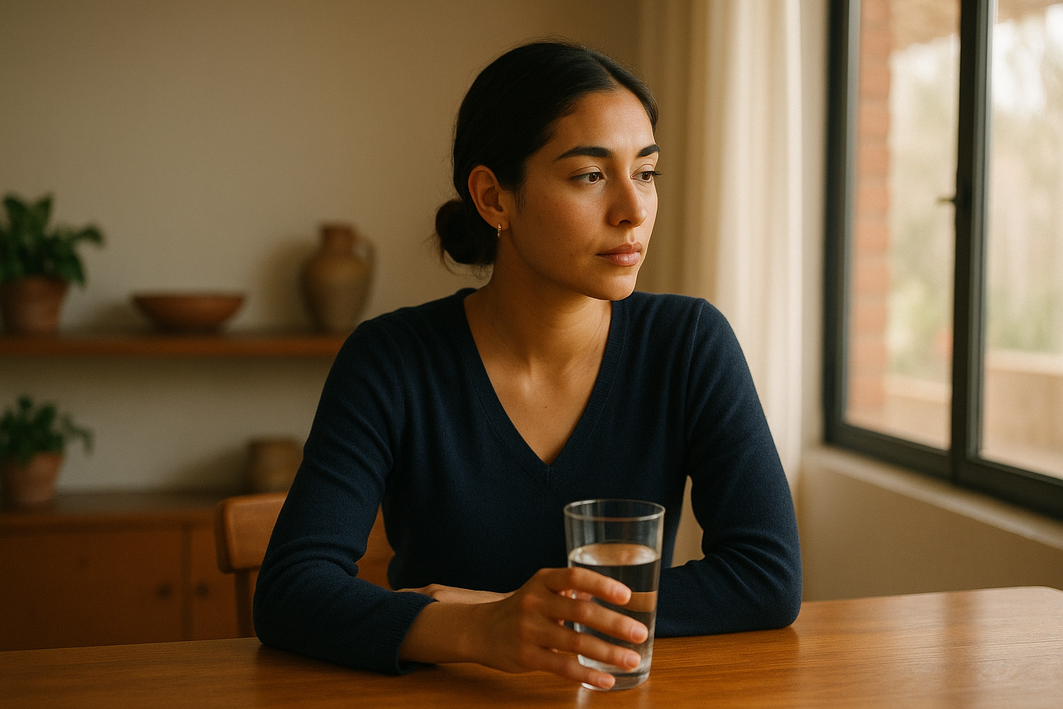 Mujer mexicana sentada en una mesa de madera cálida durante la mañana, sosteniendo un vaso de agua transparente con naturalidad, luz natural suave que entra por la ventana, ambiente hogareño tranquilo con tonos crema, azul marino y terracota, enfoque en la composición serena y accesible que transmite calma y reflexión sobre la salud