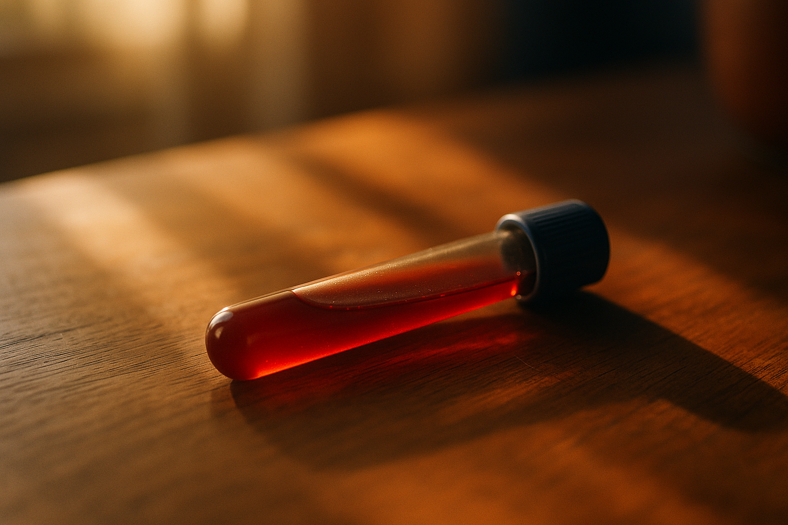 Fotografía editorial mexicana de una muestra de sangre en un frasco de cristal sobre madera natural, iluminada por luz matutina cálida, con tonos navy y terracota, composición de bienestar y laboratorio casero, sin manos visibles