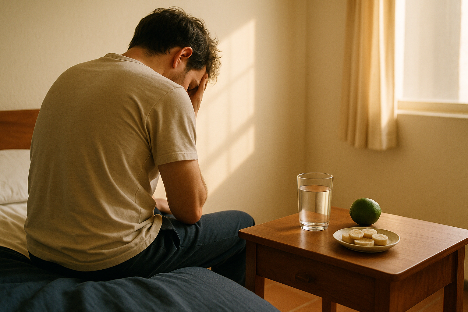 Persona sentada en la orilla de una cama en luz natural de mañana, con un vaso de agua y plátano en el buró de madera, transmitiendo cansancio físico y la importancia de cuidar el potasio para la salud muscular y cardíaca.