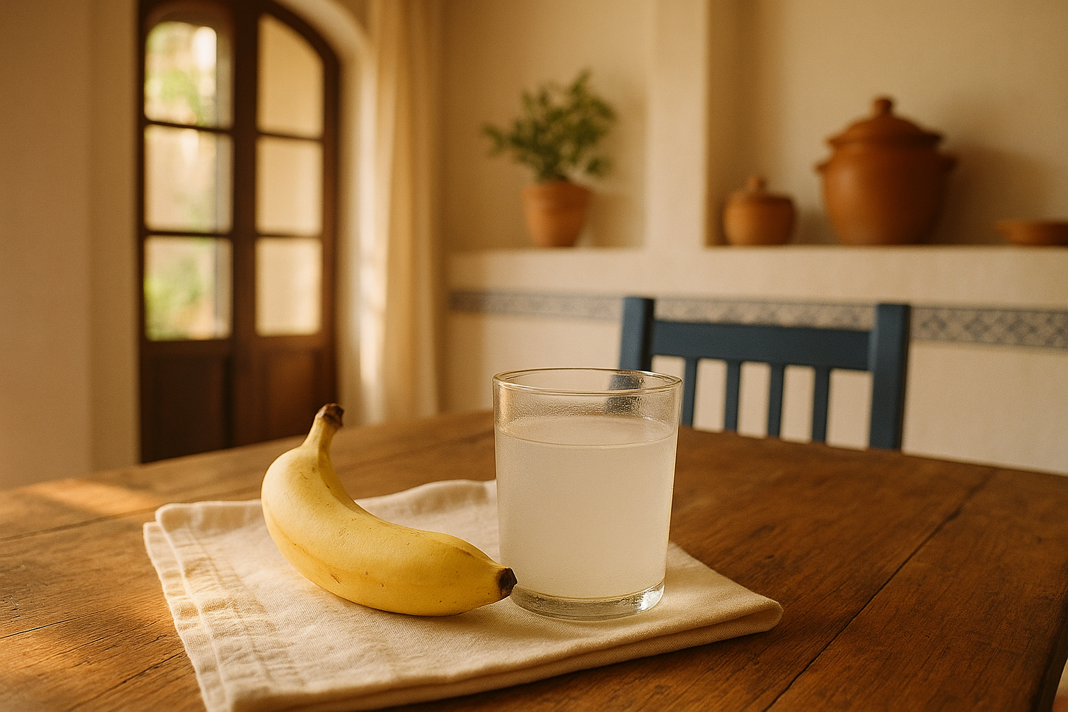 Fotografia editorial realista de una escena matutina en una cocina mexicana luminosa: plátano fresco cortado y un vaso de agua de coco sobre una mesa de madera rústica, iluminados por luz natural dorada. Composición con enfoque selectivo, tonos crema, terracota y azul marino. Atmósfera cálida y acogedora que transmite bienestar y ritmo cardiaco saludable.