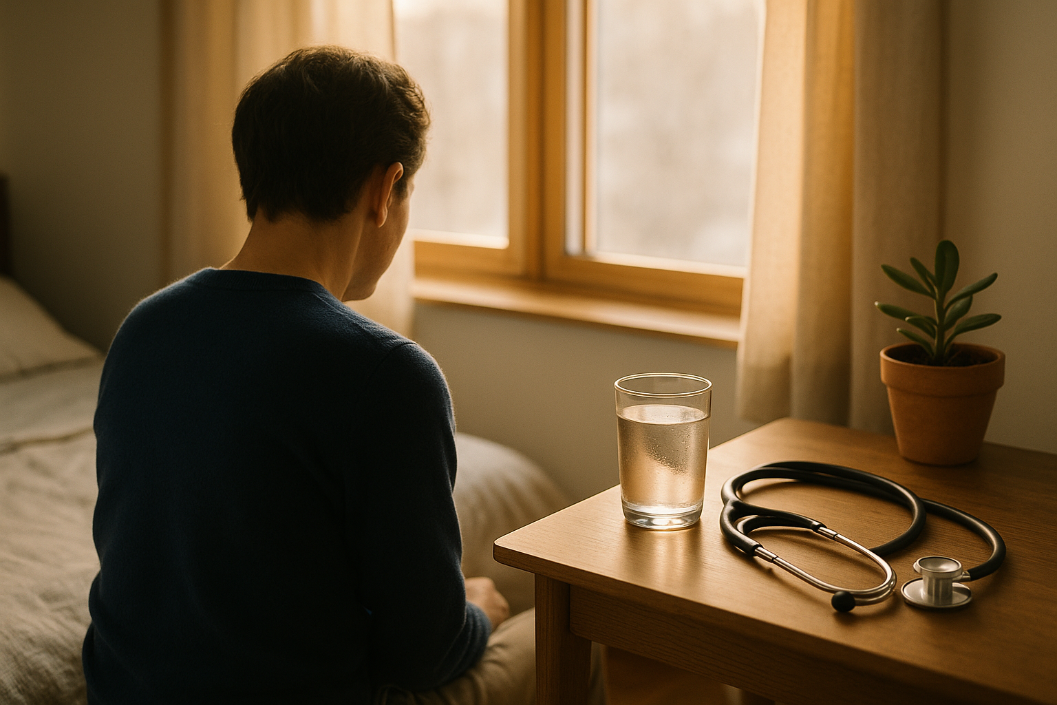 Persona de espaldas descansando junto a una ventana con luz natural cálida de mañana, con un vaso de agua clara y un estetoscopio en una mesita de madera. Escena acogedora y contemplativa que evoca el bienestar cardíaco y el monitoreo de la salud. Paleta de colores crema, azul marino y terracota. Fotografía editorial realista sin texto ni logos.