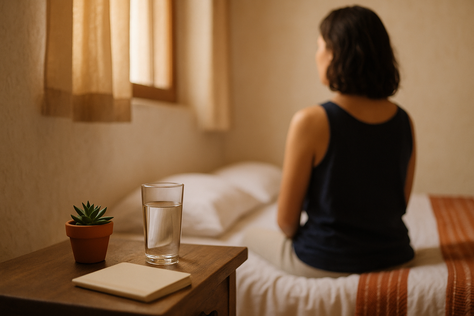 Fotografía editorial de una mujer mexicana en la tranquilidad de su recámara por la mañana, con luz natural cálida que ilumina detalles de bienestar: un vaso de agua cristalina, plantas suculentas y textiles en tonos crema, navy y terracota. La composición refleja el momento de confirmación del ciclo femenino y la fortaleza del cuerpo en su proceso reproductivo.