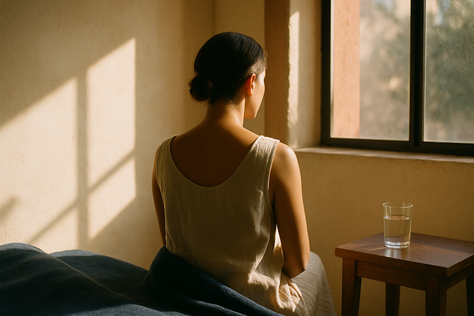 Mujer mexicana de espaldas junto a una ventana con luz matutina natural, sentada en un interior minimalista con paredes crema, textiles navy y detalles en terracota. Sobre una mesa de madera hay un vaso de agua. Fotografía editorial cálida y serena, sin texto ni logos.