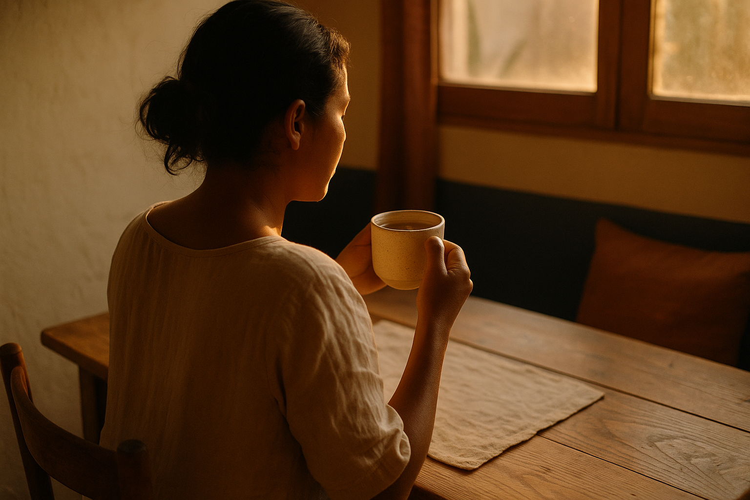 Mujer de espaldas en una mesa de madera tomando té aromático, bañada en luz natural de mañana. Ambiente cálido y minimalista con tonos crema, navy y terracota. Atmósfera de bienestar y medicina natural mexicana.