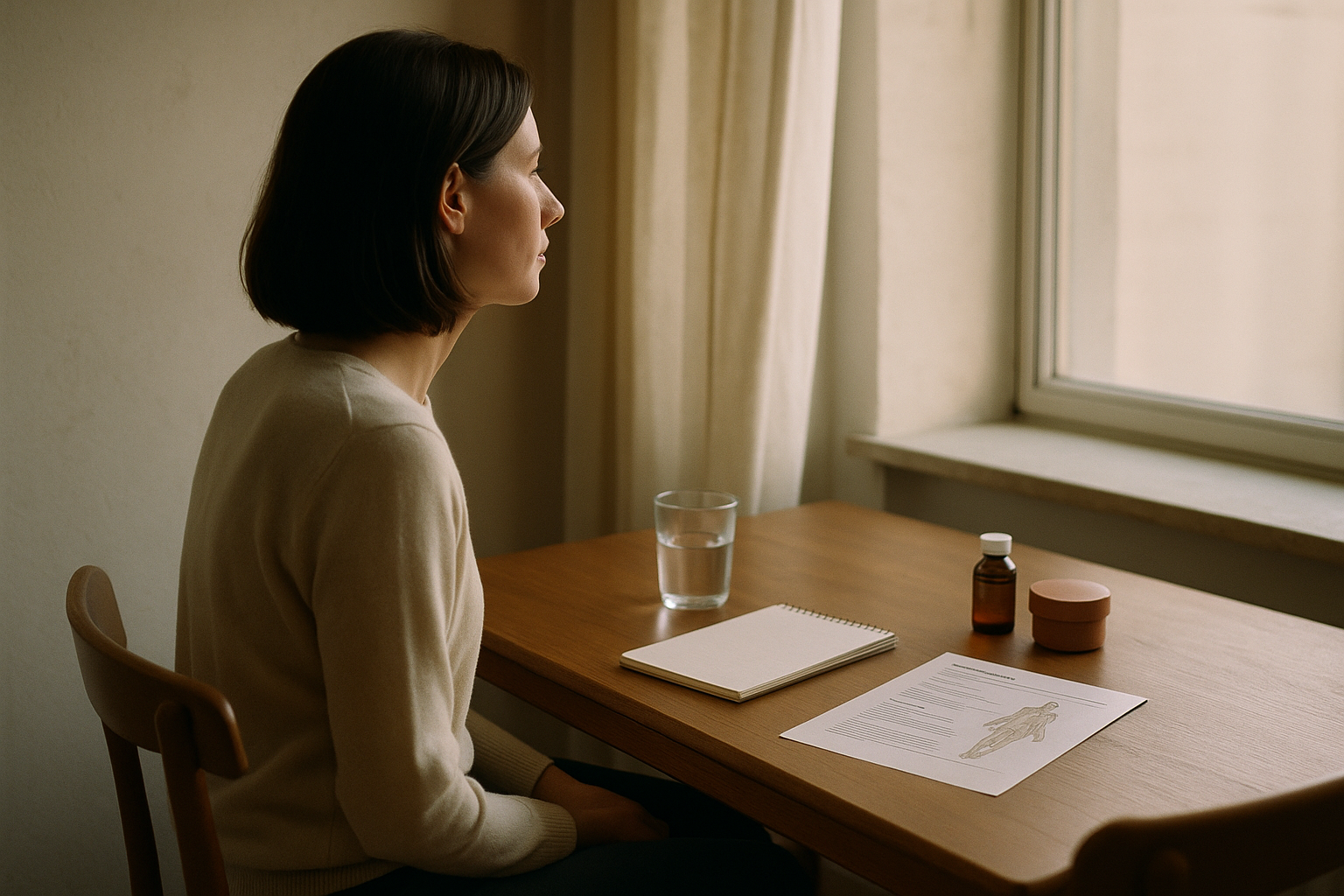 Mujer serena junto a una ventana con luz natural de mañana, sentada en una mesa de madera cálida con un vaso de agua. Composición editorial de bienestar y salud, tonos crema y azul marino, transmitiendo conciencia silenciosa sobre la salud cardiovascular sin dramatismo clínico.